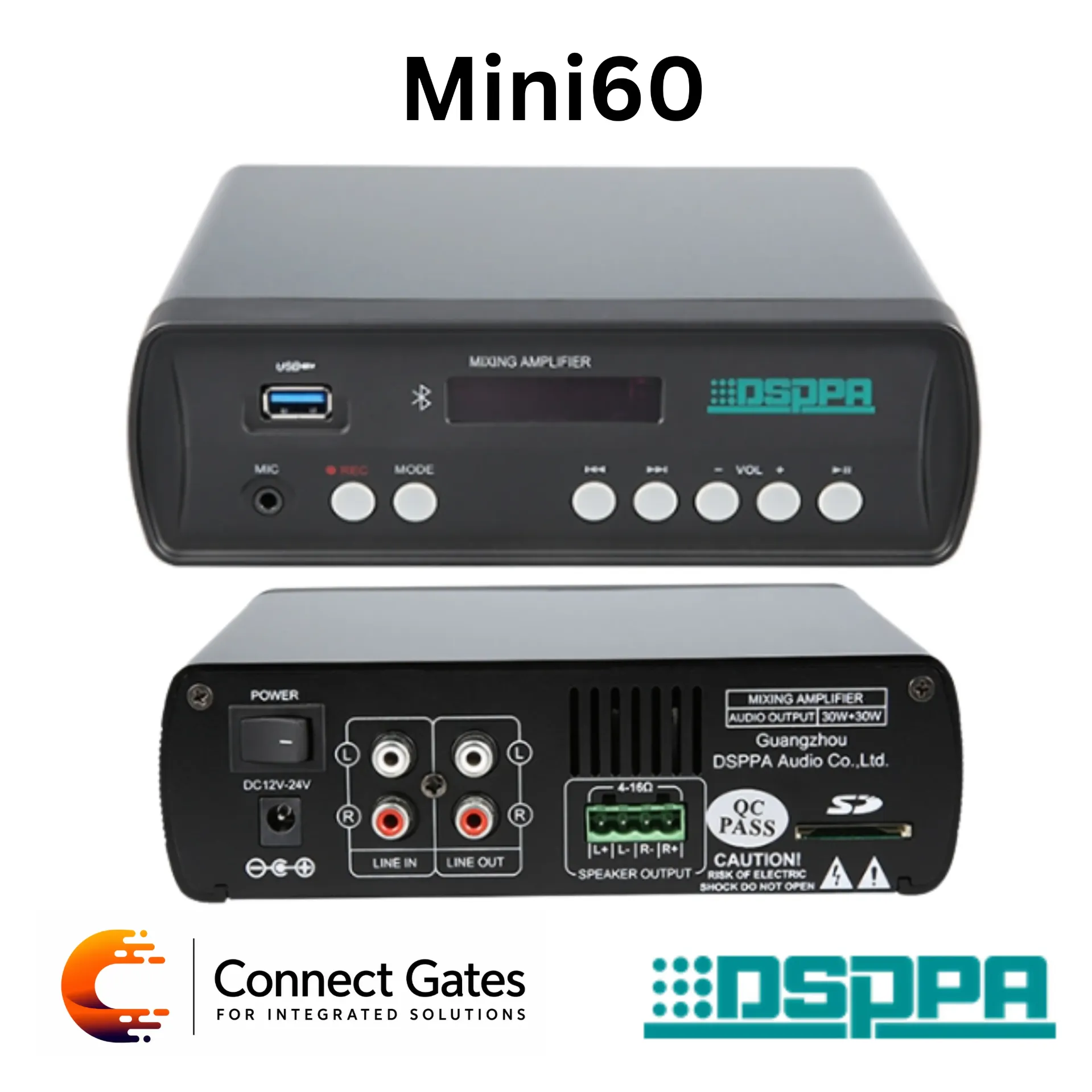 DSPPA Mini60 – 2×30W Stereo Bluetooth Class D Amplifier, Compact Digital Audio System with USB / SD / AUX & MIC Input