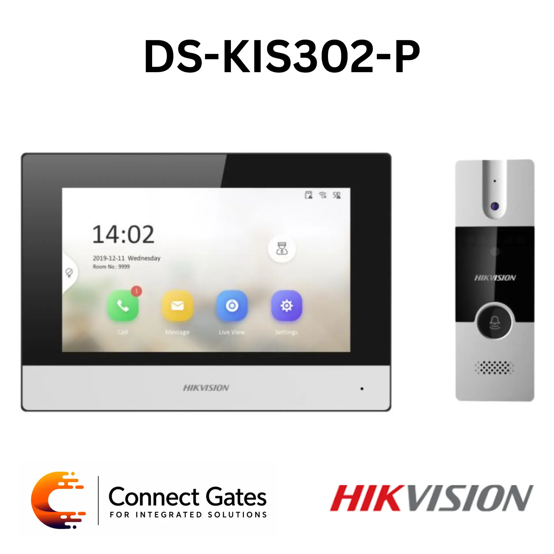[DS-KIS302-P] Hikvision DS-KIS302-P – Hybrid Intercom Bundle with 7" Touch Indoor Station, 1080p 4-Wire Analog Door Station, Hik-Connect Mobile Client, PoE, Wi-Fi & TF Card Support