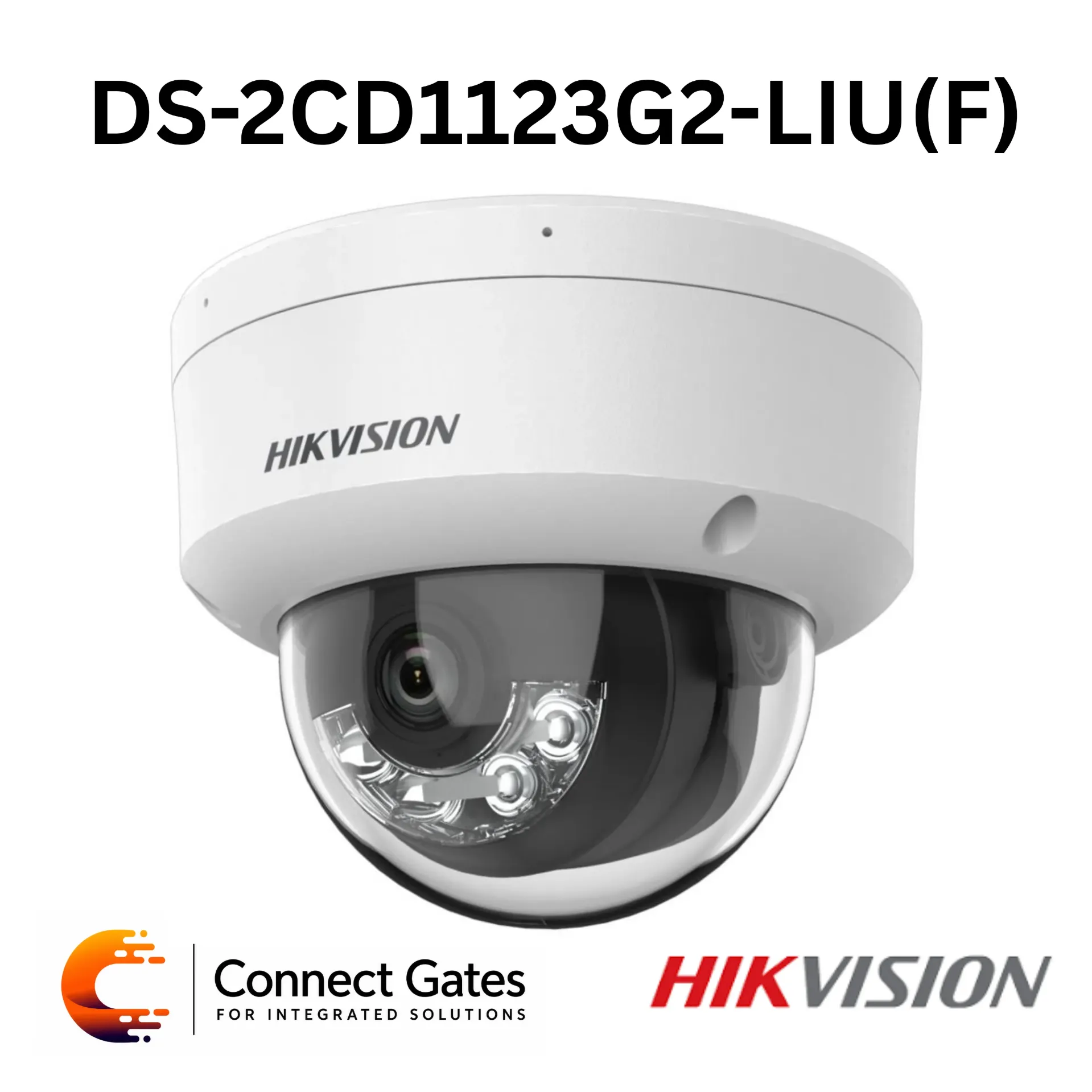 Hikvision DS-2CD1123G2-LIU – 2MP Smart Hybrid Light Fixed Dome Network Camera with Human & Vehicle Detection, Built-in Mic, 30m IR/White Light, 512GB microSD Option, IP67 & IK08