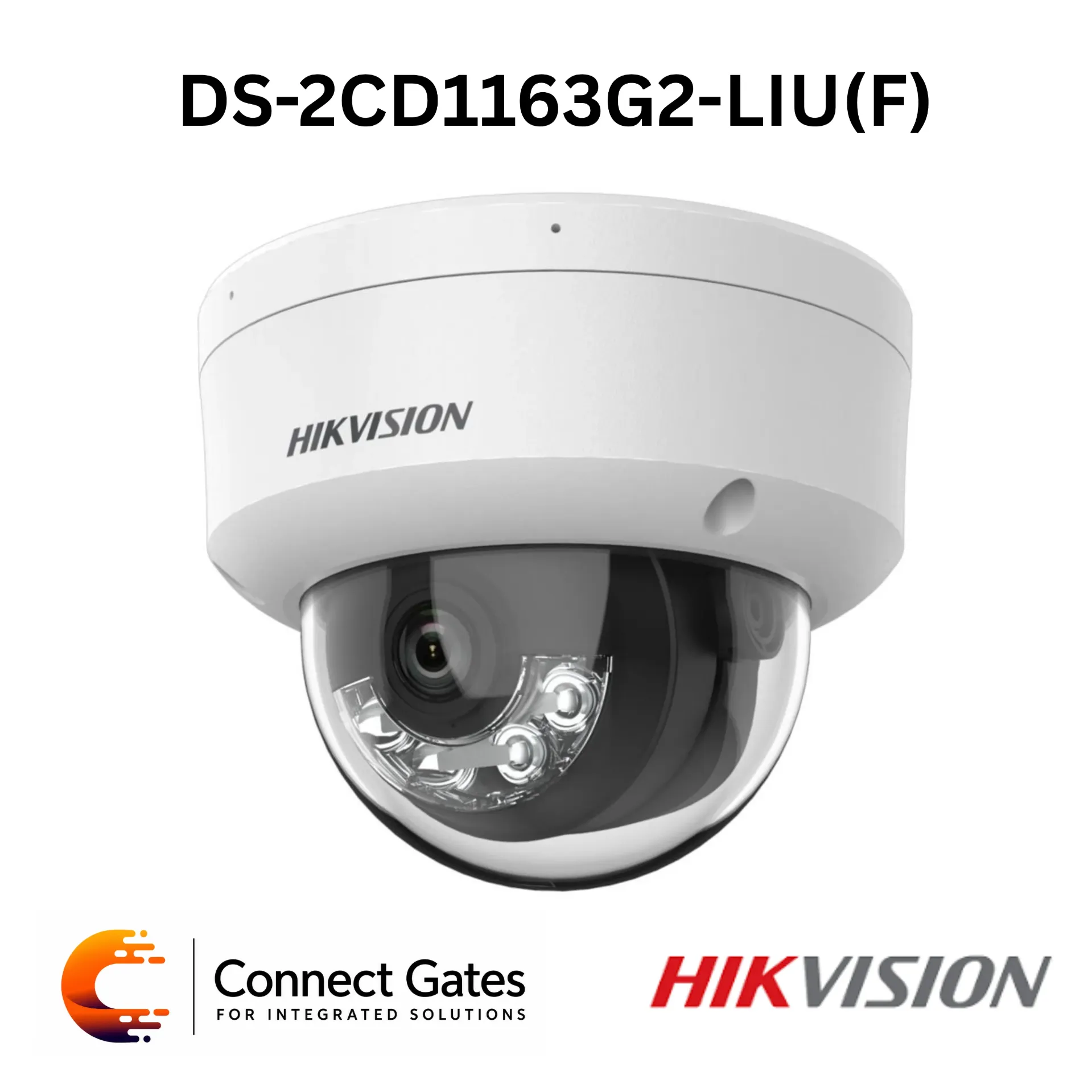 Hikvision DS-2CD1163G2-LIU – 6MP Smart Hybrid Light Fixed Dome Network Camera with Human & Vehicle Detection, Built-in Mic, 30m IR/White Light, 120dB WDR, H.265+, PoE, IP67 & IK08