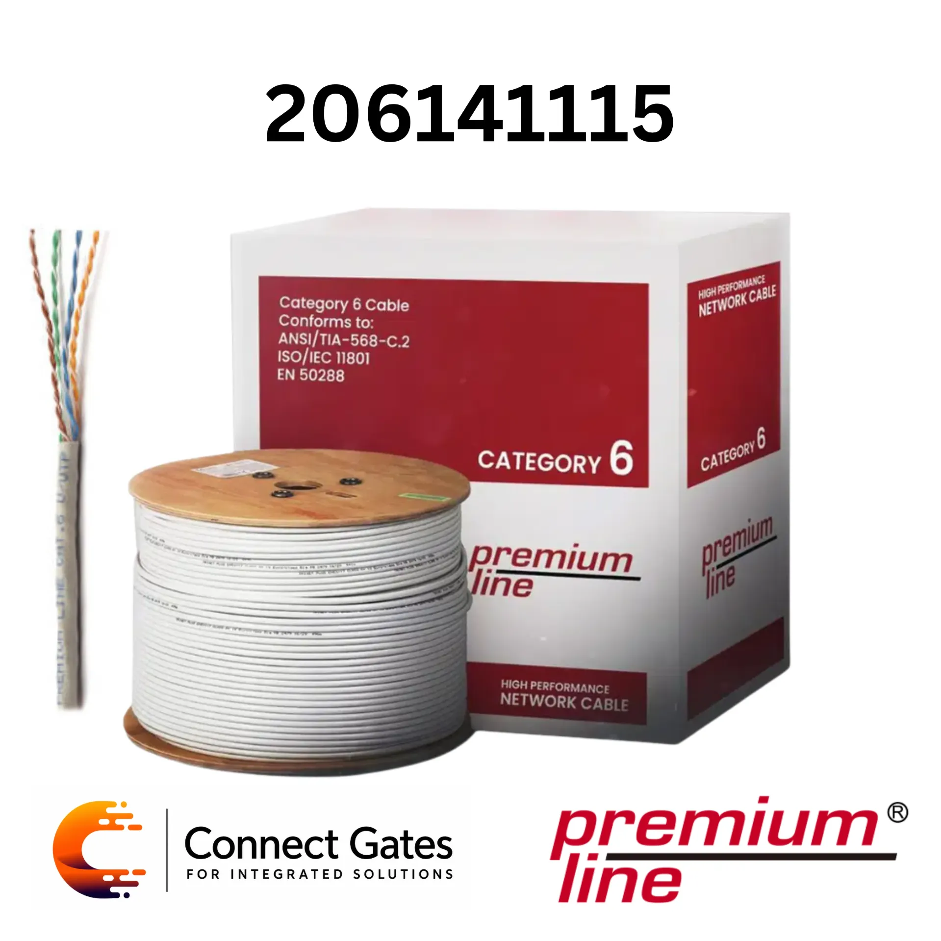 [206141115] Premium-Line 206141115 Cat6 U/UTP Installation Cable – 305m Box, 23AWG Bare Copper, PVC, Grey.