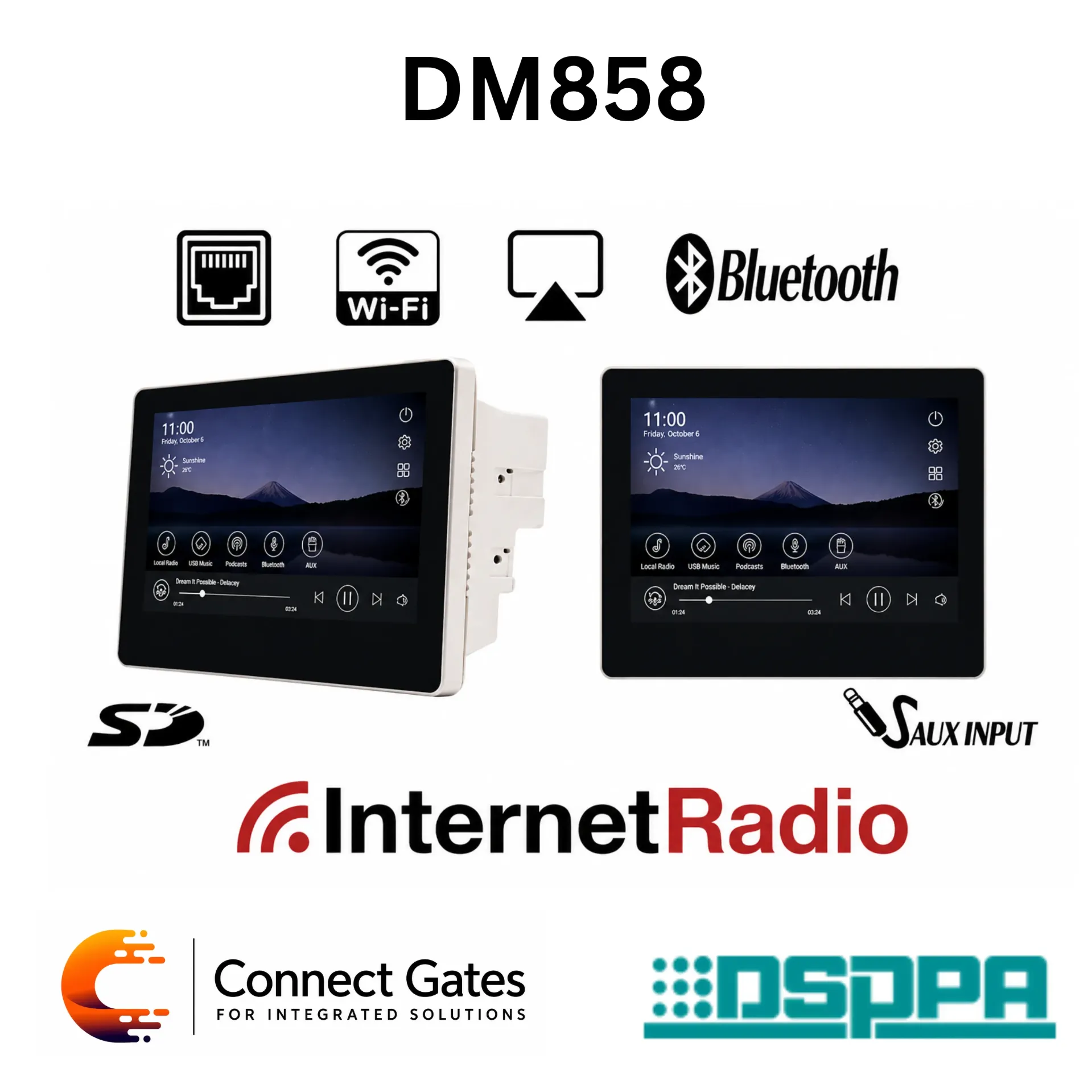 DSPPA DM858 – 4×20W Smart WiFi Music Amplifier, 7" Touch Screen Network Audio Controller with Dual-Zone Control, DSP & Intercom System
