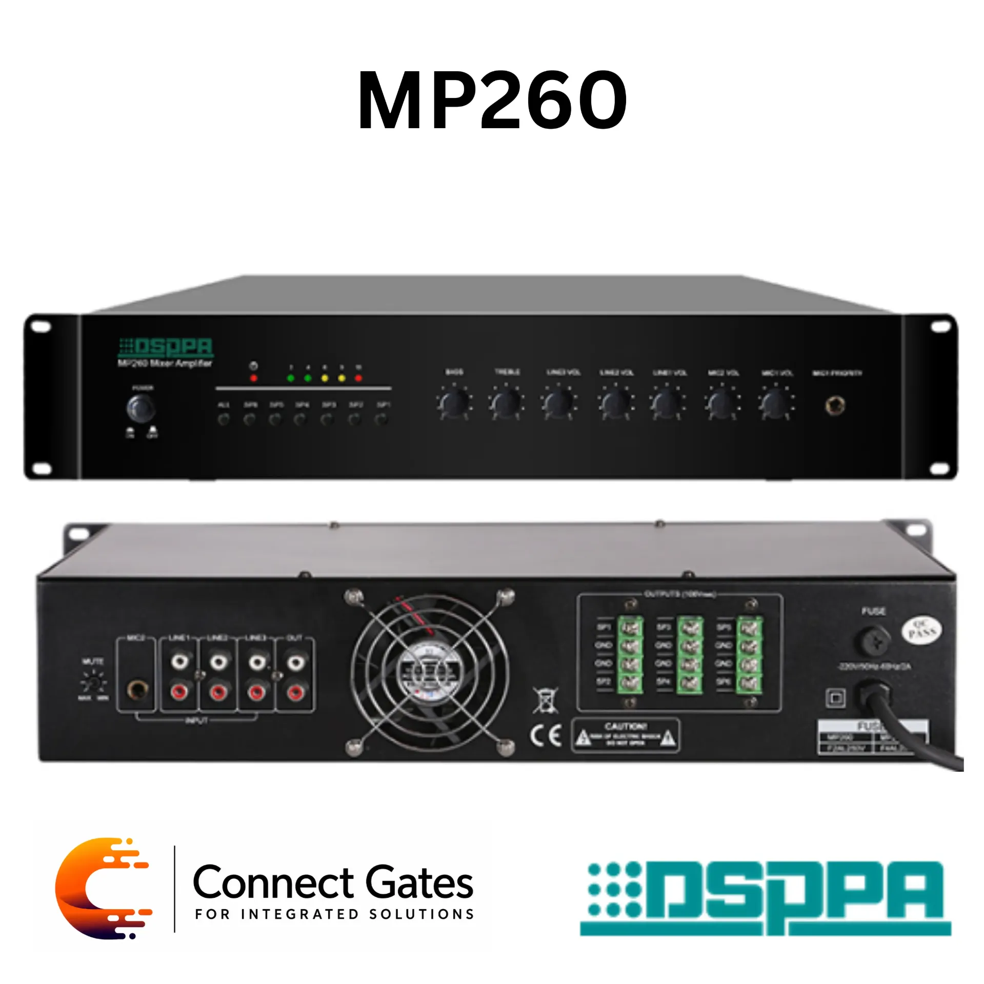 [MP260] DSPPA MP260 – 60W 6-Zone Mixer Amplifier with 2 MIC & 3 Line Inputs, Commercial Public Address System with Zone Control