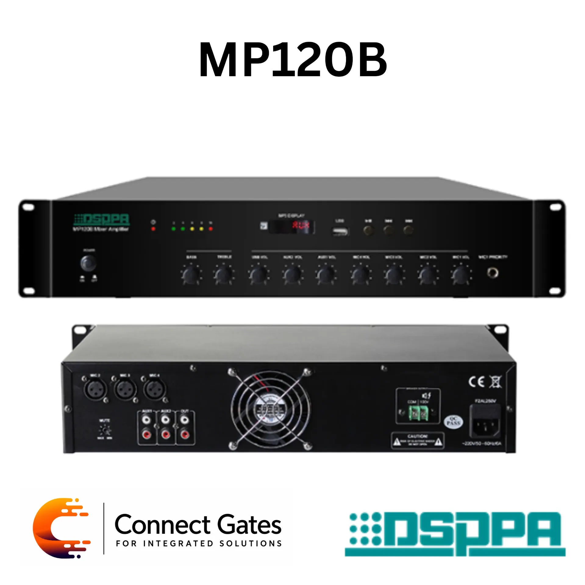 [MP120B] DSPPA MP120B – 120W Mixer Amplifier with USB, 4 MIC Inputs & 100V Commercial Public Address System