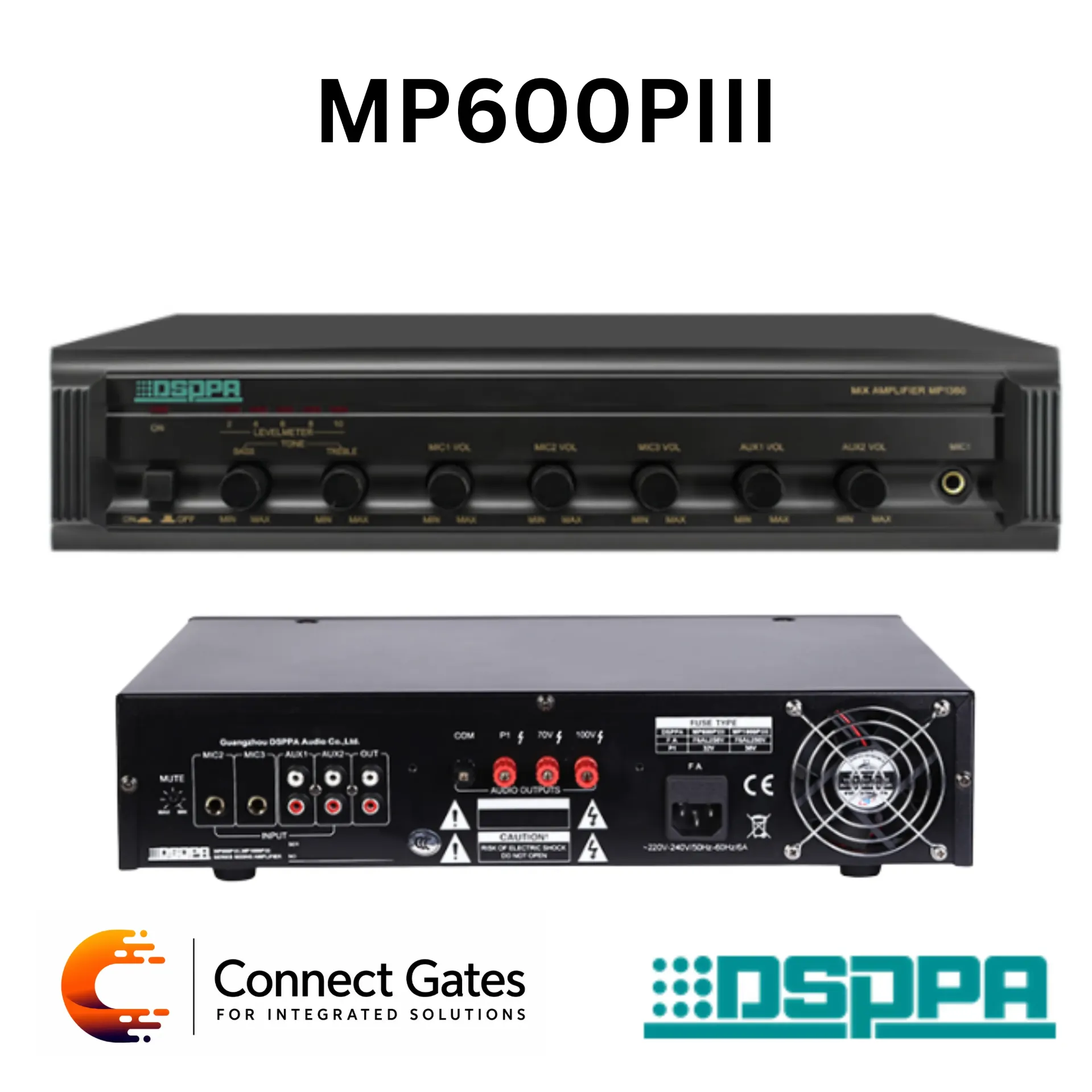 DSPPA MP300PIII – 120W Mixer Amplifier with 3 MIC & 2 AUX Inputs, 70V/100V Commercial Public Address System