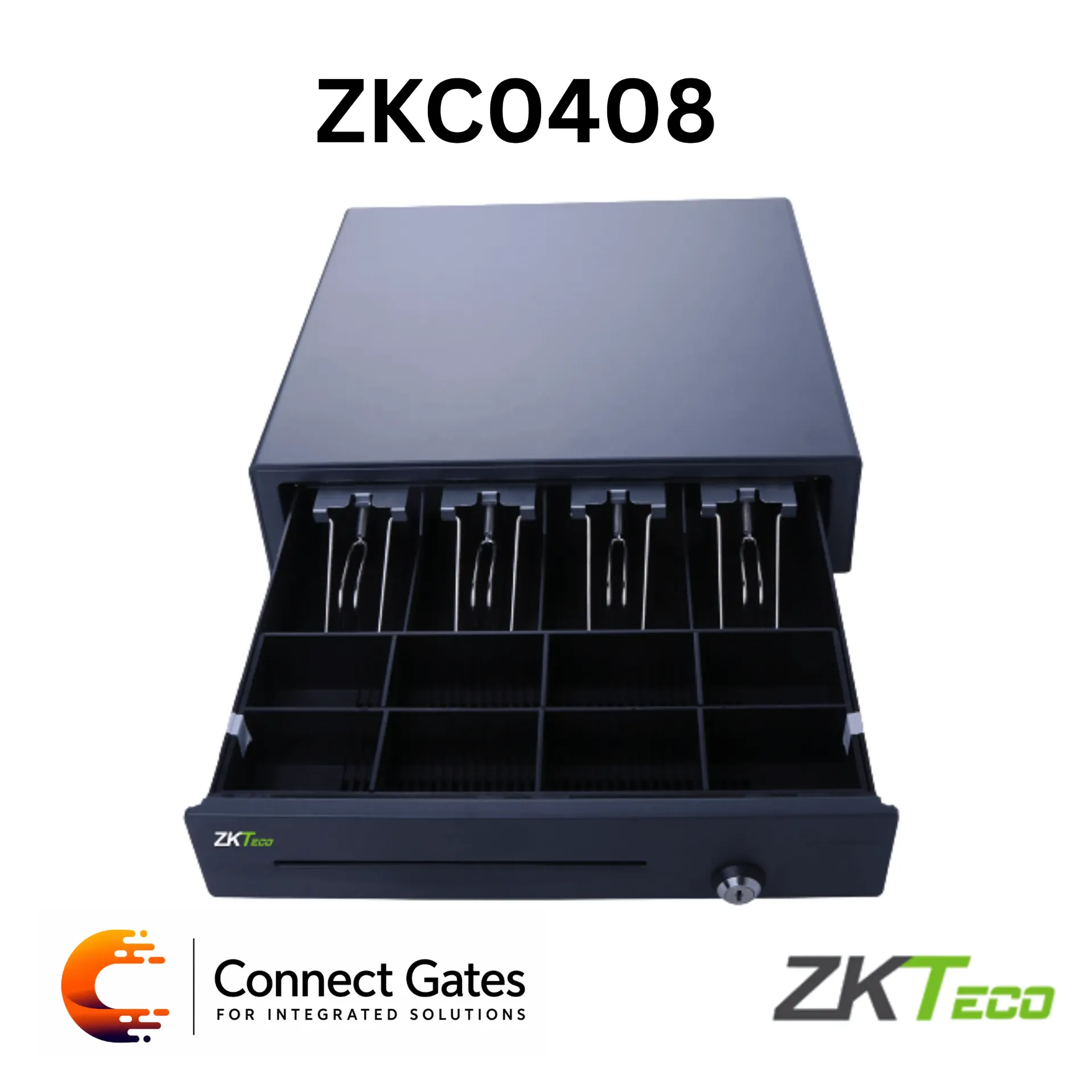 ZKTeco ZKC0408 – Metal Cash Drawer, 4 Bill Compartments, 8 Coin Slots, RJ12 Interface, Heavy-Duty Design