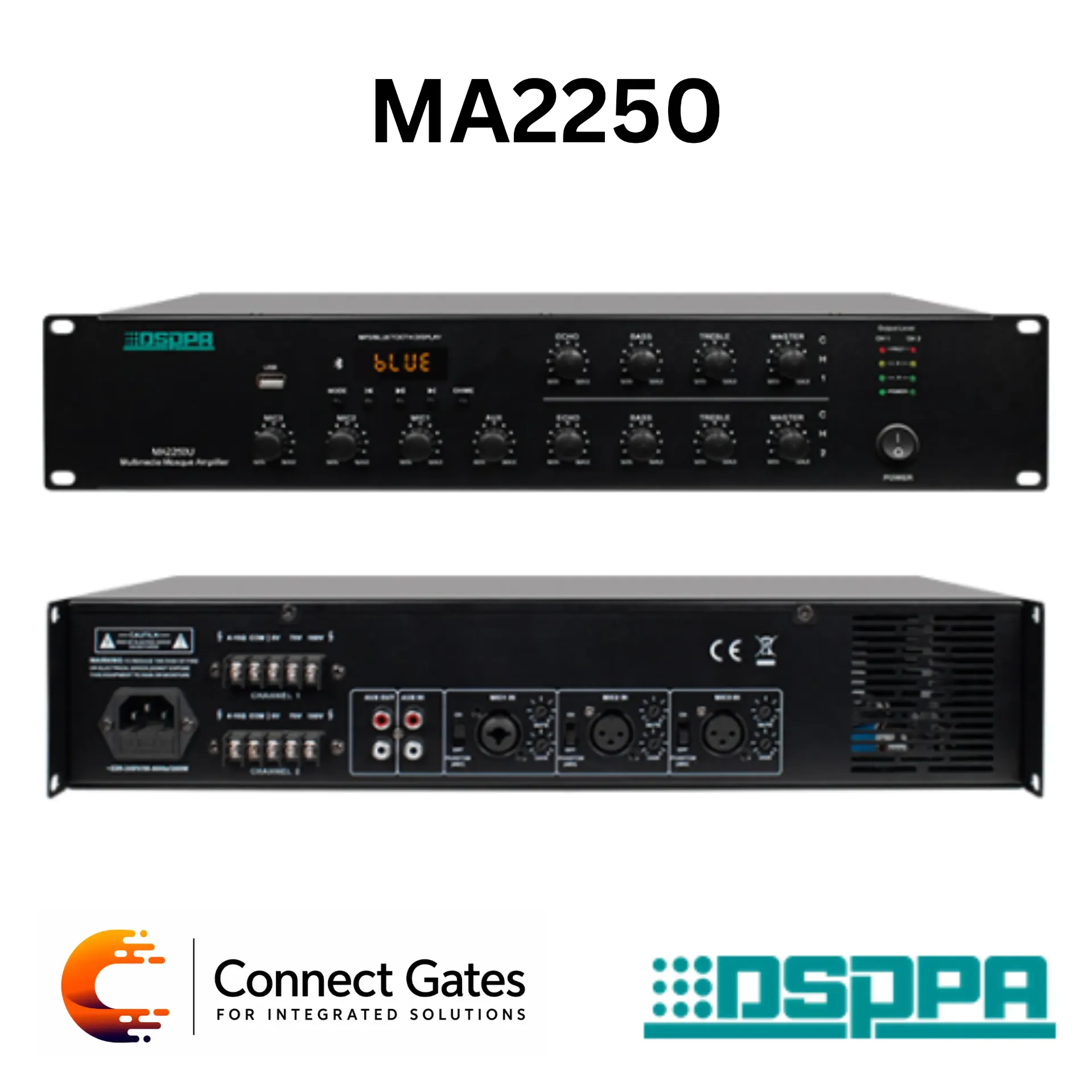[MA2250] DSPPA MA2250U – 2×250W Multimedia Mosque Mixer Amplifier with Bluetooth, USB, Dual Channel Control & Echo