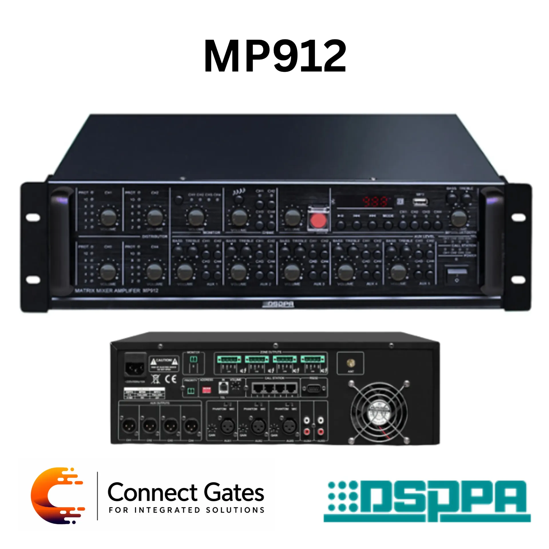 [MP912] DSPPA MP912 – 4×120W Four-Channel Matrix Power Amplifier with Bluetooth, USB, Paging & Telephone Integration