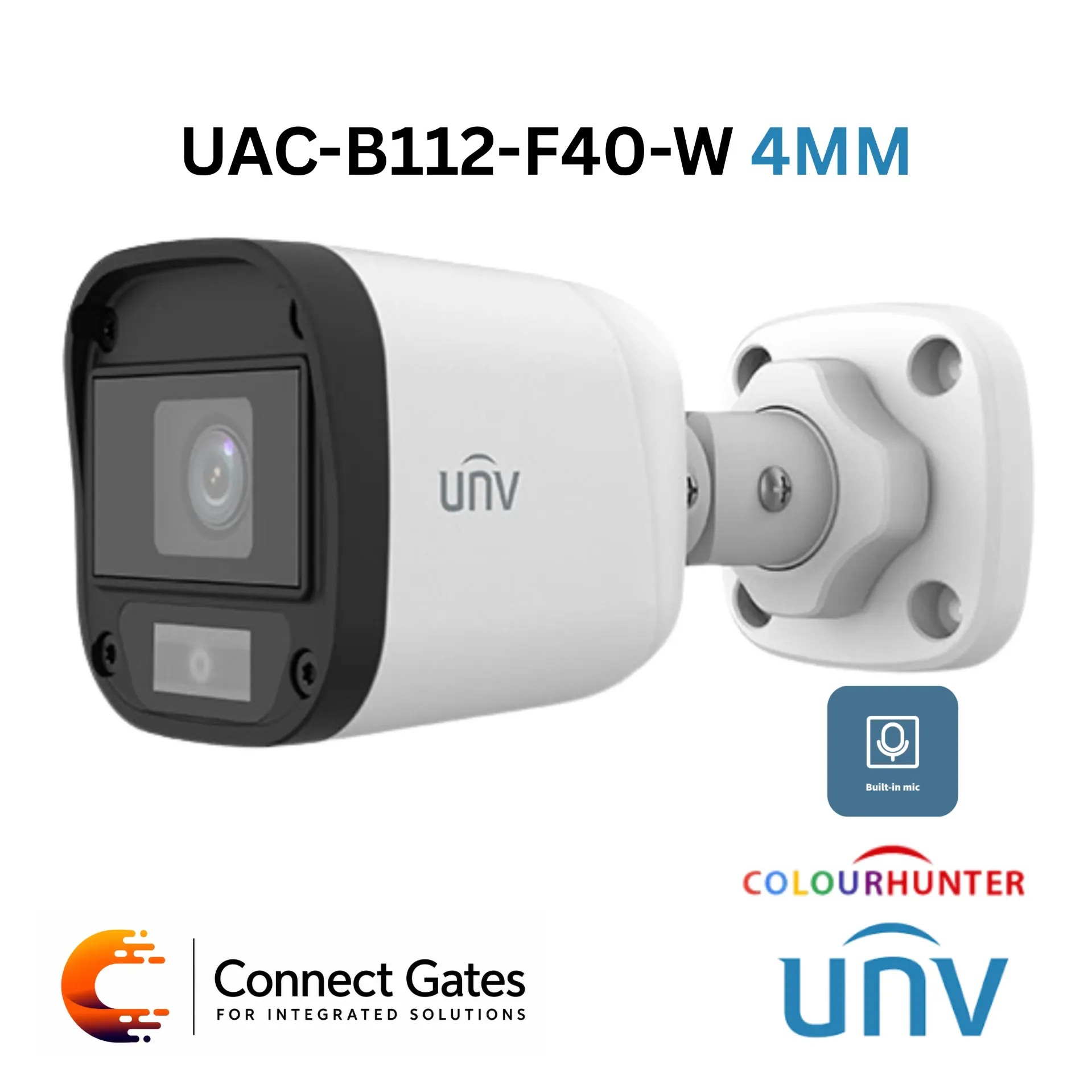 [B112-AF40-W] Uniview UAC-B112-AF40-W 4MM – 2MP ColorHunter Fixed Warm Light Bullet Analog Camera with Built-in Microphone, 30m Range & IP67 Protection