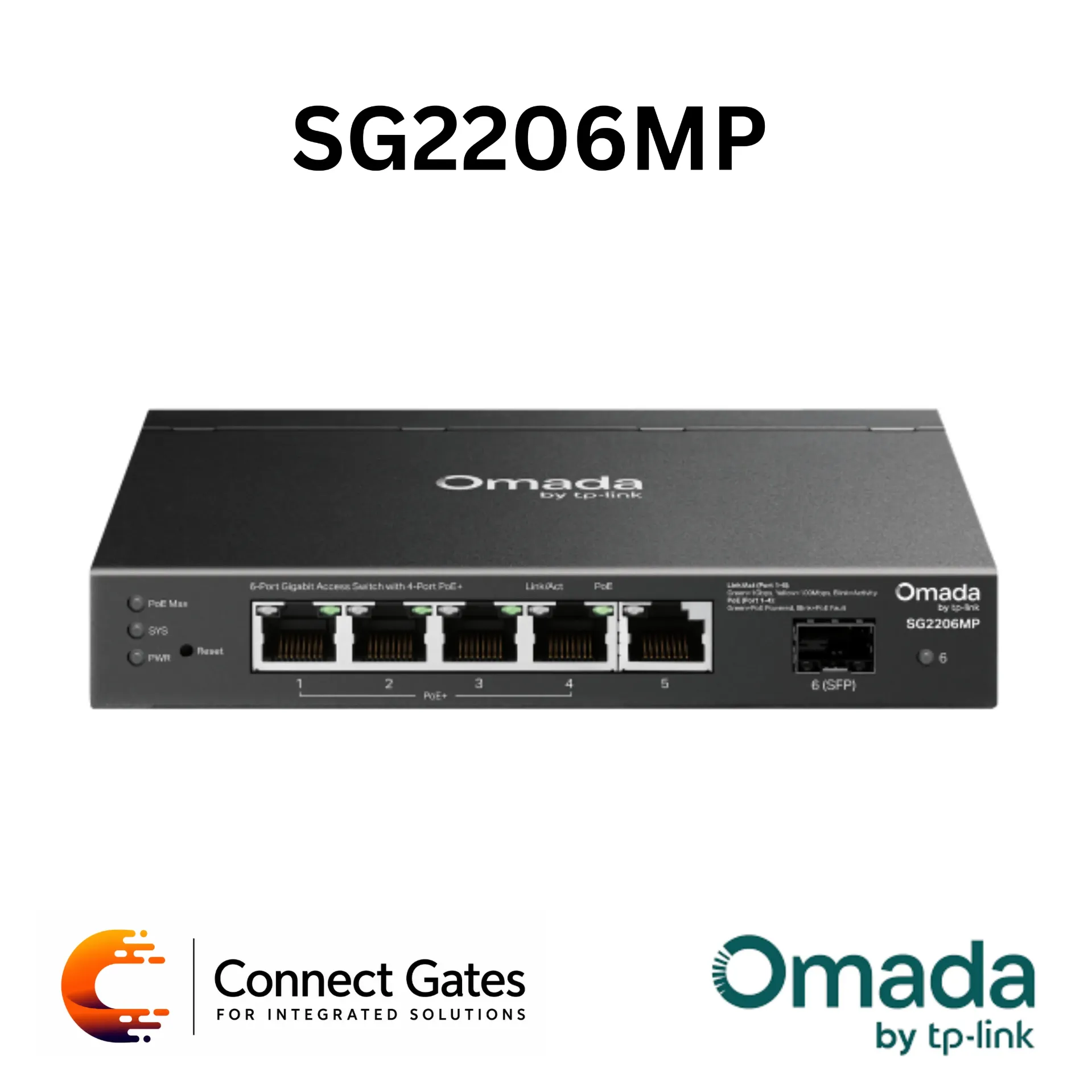 [SG2206MP] Omada SG2206MP – Access 6-Port Gigabit Switch with 4 × Gigabit PoE+ Ports, 1 × Gigabit Non-PoE Port, 1 × Gigabit SFP Slot & 63W PoE Power