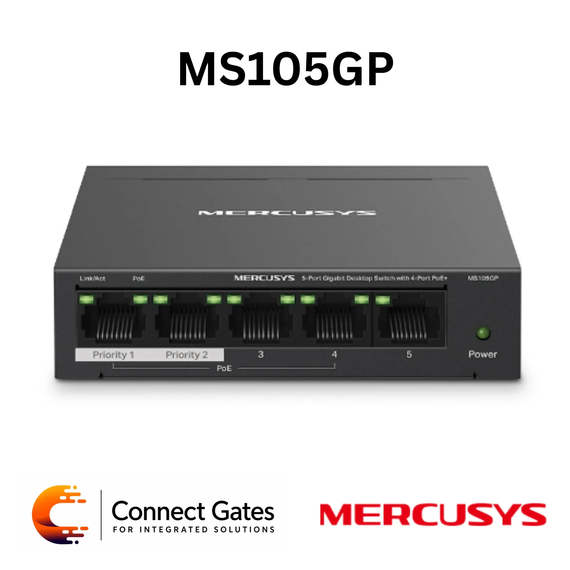 [MS105GP] Mercusys MS105GP – 5-Port Gigabit Desktop PoE+ Switch with 4 PoE+ Ports, 1 Gigabit Non-PoE Port & 65W PoE Power