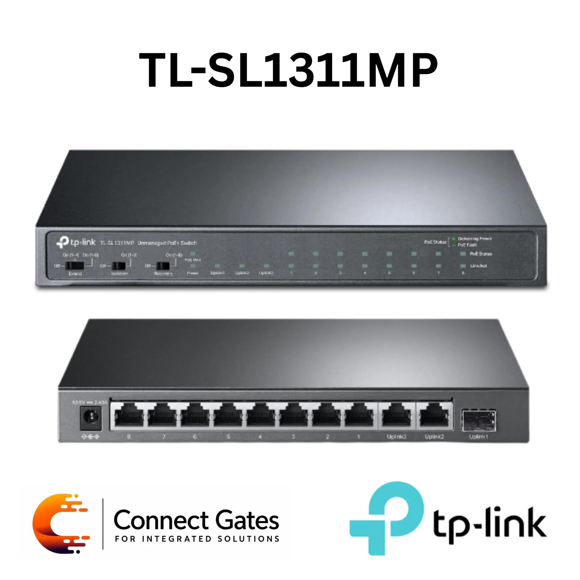 [TL-SL1311MP] TP-Link TL-SL1311MP – 11-Port Desktop PoE+ Switch with 8 Fast Ethernet PoE+ Ports, 2 Gigabit Ports, Gigabit SFP Slot, 124W PoE Budget & PoE Auto Recovery