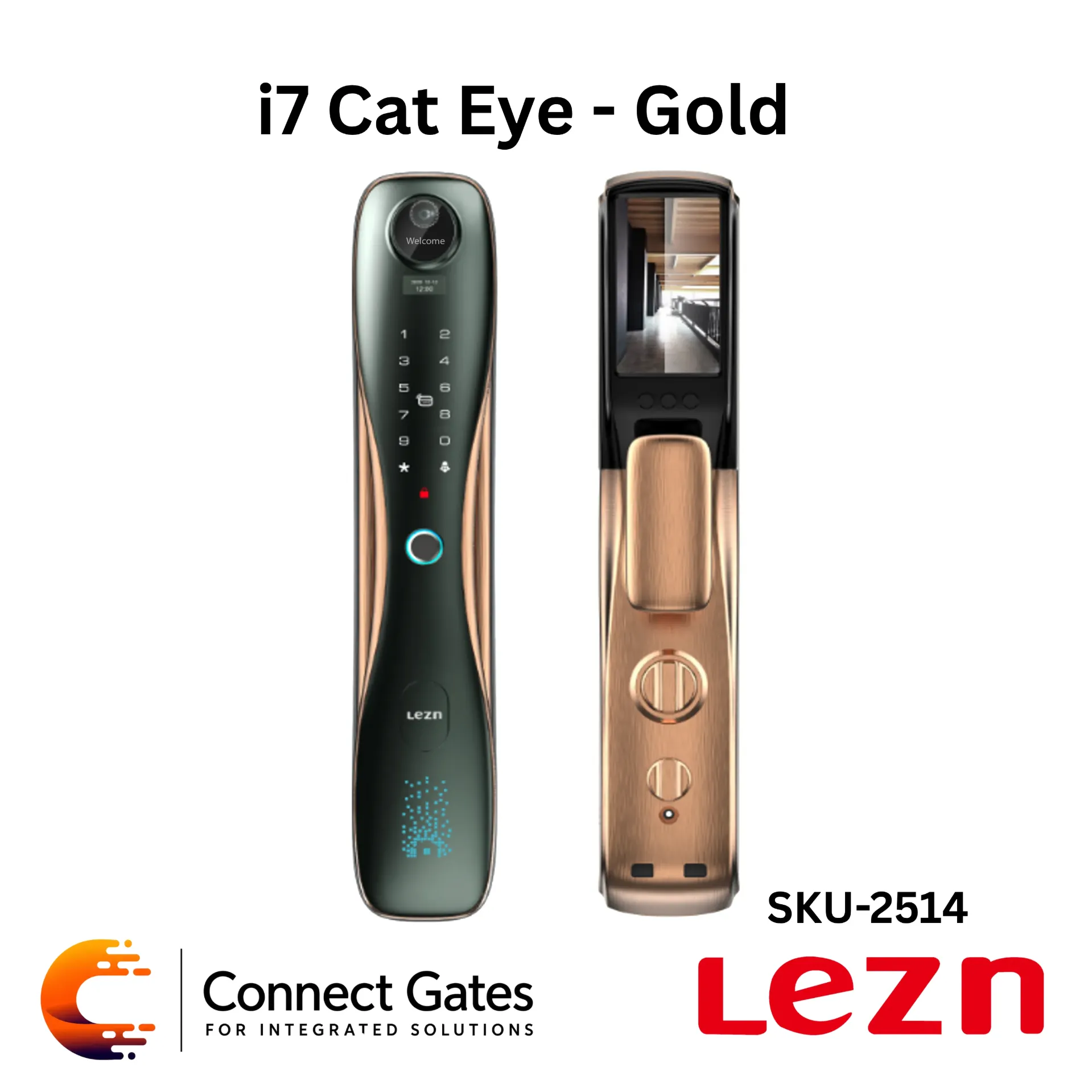 [i7 Cat Eye Gold] LEZN i7 Cat Eye Gold – Smart Door Lock for Wooden & Armored Doors with Fingerprint, Password, IC Card, 1MP Color Night Vision Camera, 4.5-inch Internal Screen, Tuya App & Smart Life App
