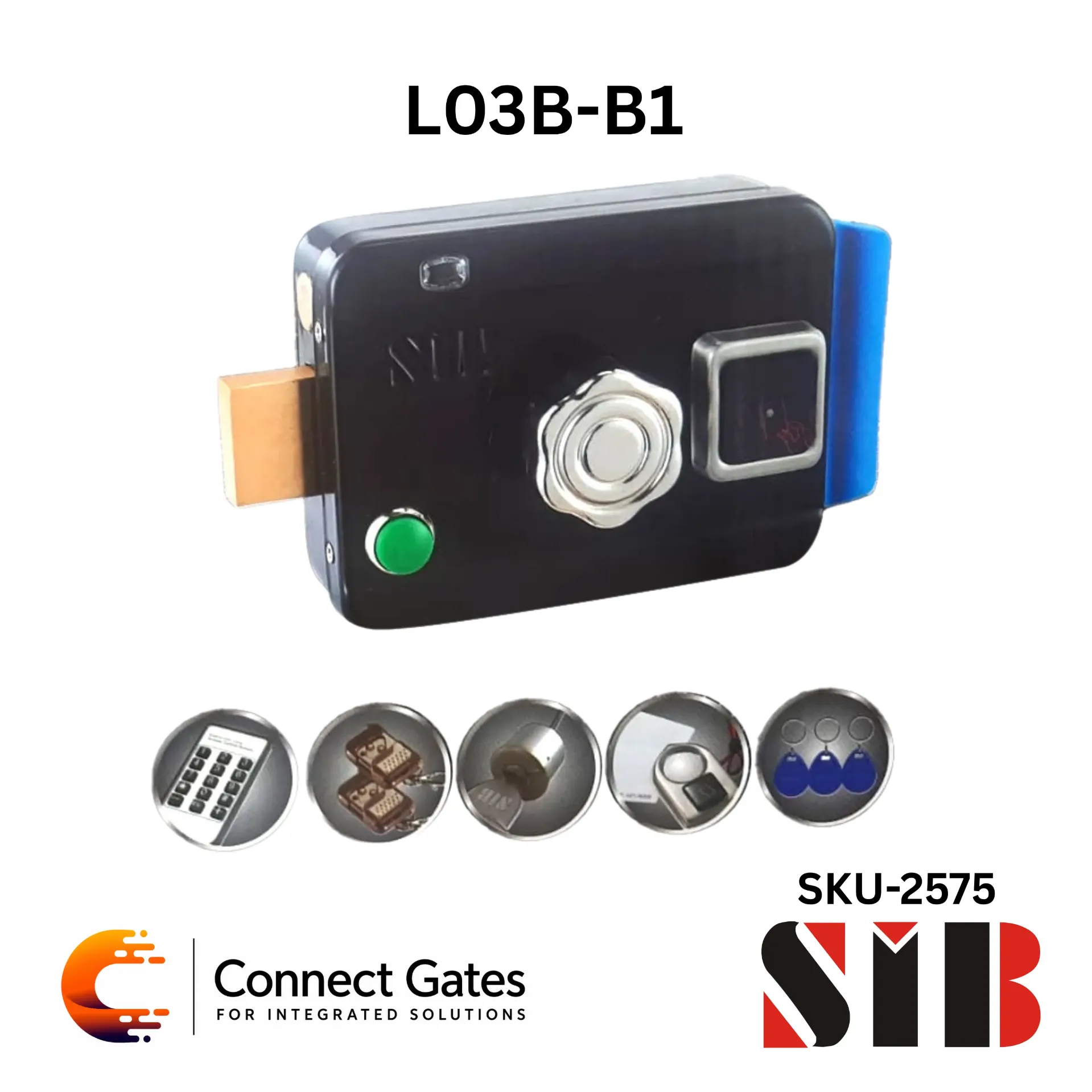[SIB L03B-B1 Black] SIB L03B-B1 Black – Smart Rim Lock for Iron & Wooden Doors with ID EM 125MHz Proximity Card, 315MHz Remote Control, Metal Key, Exit Button, Handle, 2000 Users Capacity & Intercom / Access Control Integration