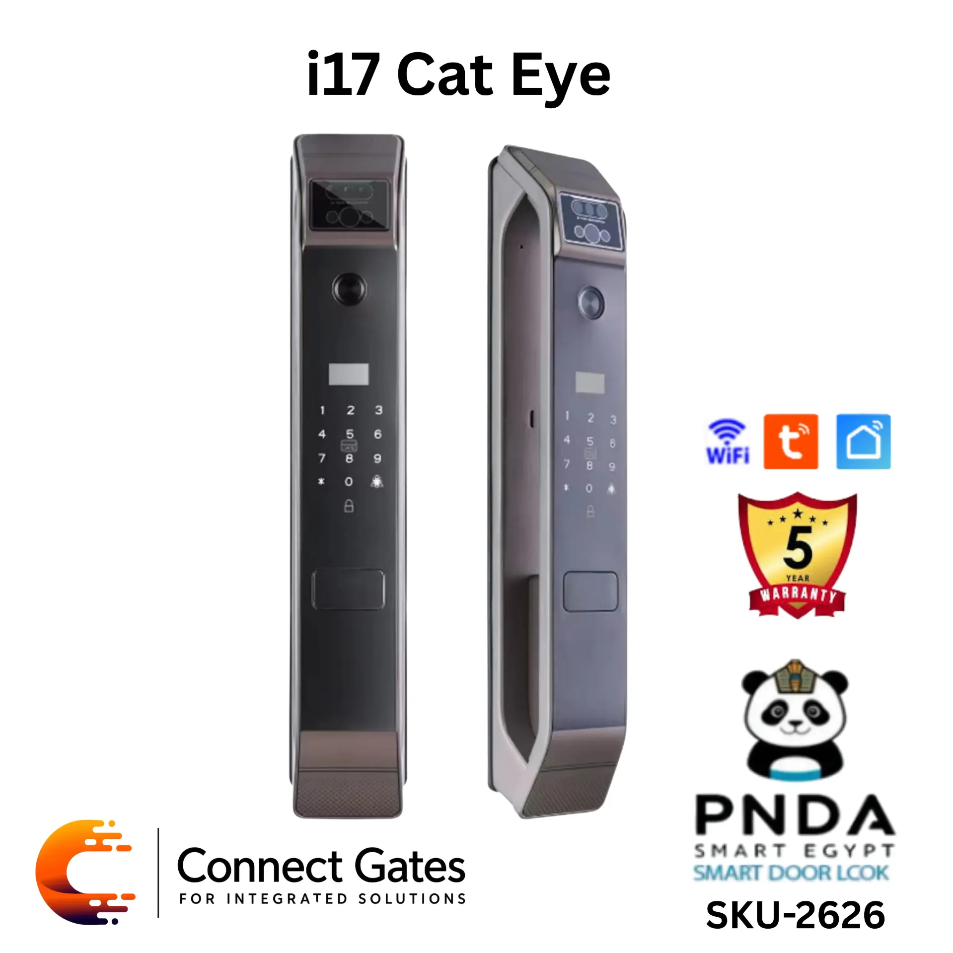 [PNDA i17 Cat Eye] PNDA i17 Cat Eye – Smart Door Lock for Wooden & Armored Doors with Fingerprint, Password, IC Card, Cat Eye Color Night Vision Camera, 4.5-inch Internal Screen, Tuya App, Smart Life App & MOES App