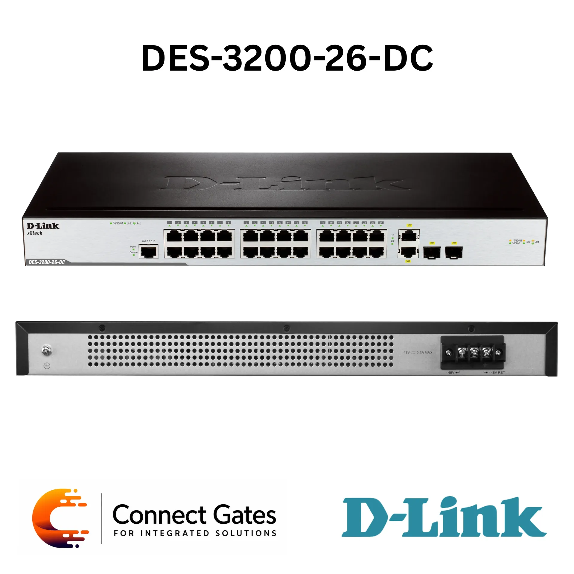 [DES-3200-26-DC] D-Link DES-3200-26-DC – 24-Port Fast Ethernet Layer 2 Managed Switch with 2 Gigabit Combo SFP Uplink Ports & DC Power Input