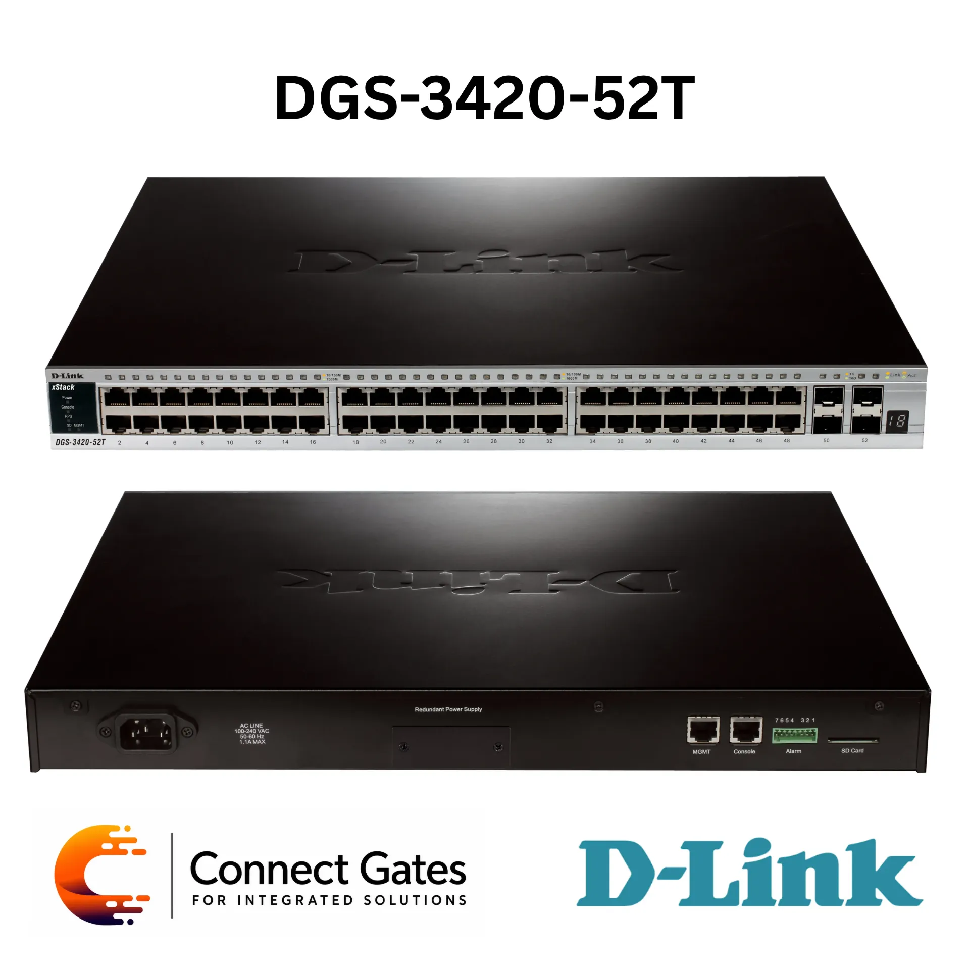 D-Link DGS-3420-52T – 48-Port Gigabit xStack L2+ Managed Stackable Switch with 4 × 10G SFP+ Uplink Ports