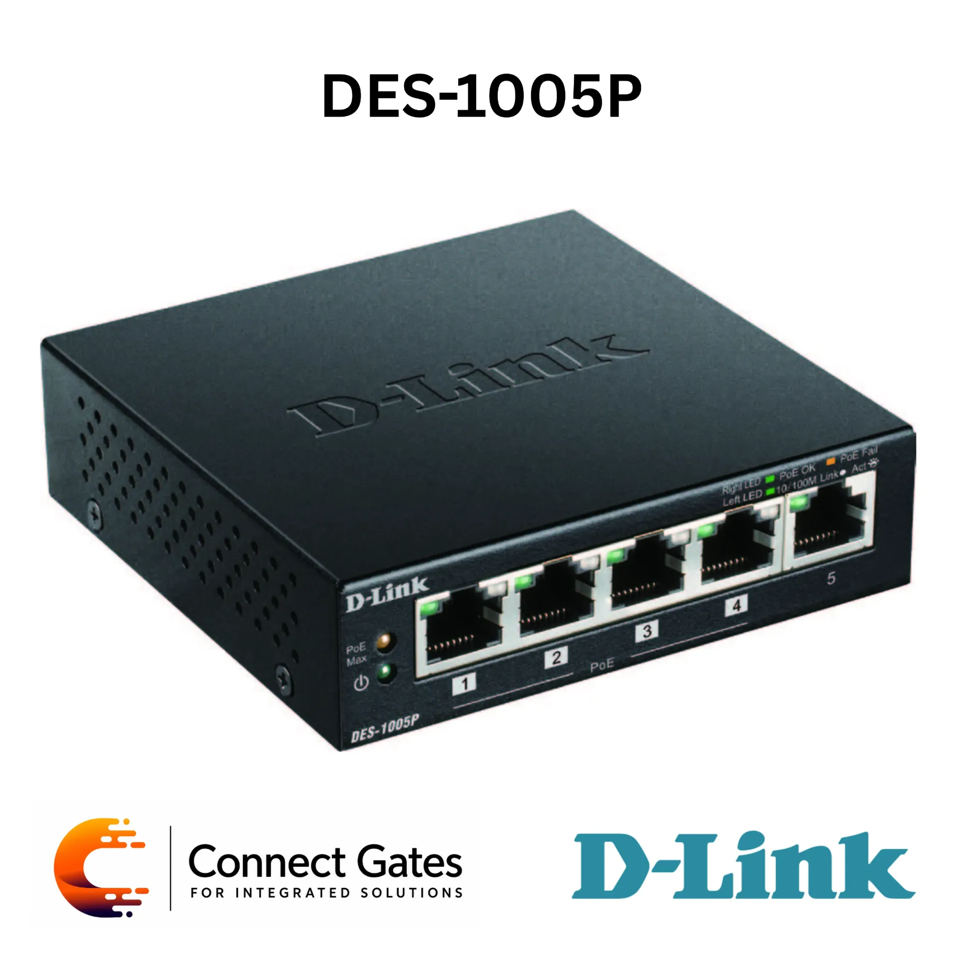 D-Link DES-1005P – 5-Port 10/100 Fast Ethernet Switch with 4 PoE Ports, 60W PoE Budget, IEEE 802.3af/at, Plug-and-Play & Fanless Desktop Design