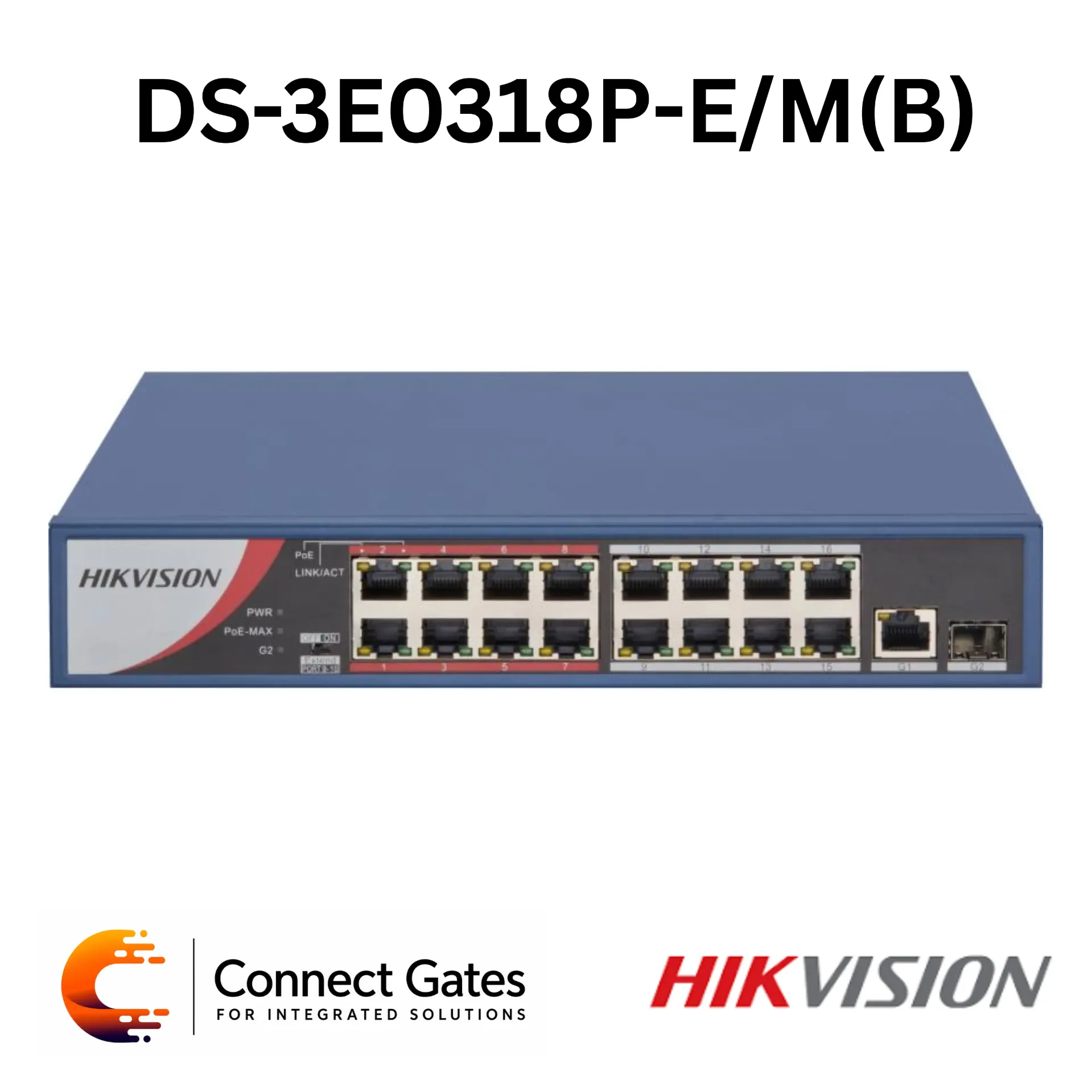 [DS-3E0318P-E/M(B)] Hikvision DS-3E0318P-E/M(B) – 16-Port 100Mbps Long-Range Unmanaged PoE Switch with 16 PoE Ports, 1 Gigabit RJ45 Port, 1 Gigabit SFP Port, 130W PoE Budget, 300m Long Range PoE & 6kV Surge Protection