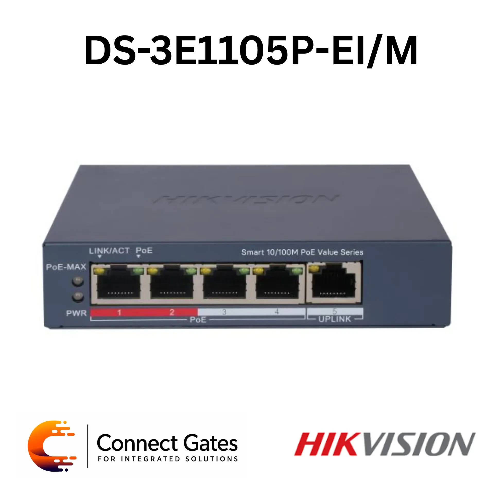 [DS-3E1105P-EI/M V2] Hikvision DS-3E1105P-EI/M V2 – 4-Port Fast Ethernet Smart PoE Switch with 4 PoE Ports, 1 RJ45 Uplink Port, 45W PoE Budget, VLAN, PoE Watchdog, STP/RSTP & 300m Long Range PoE