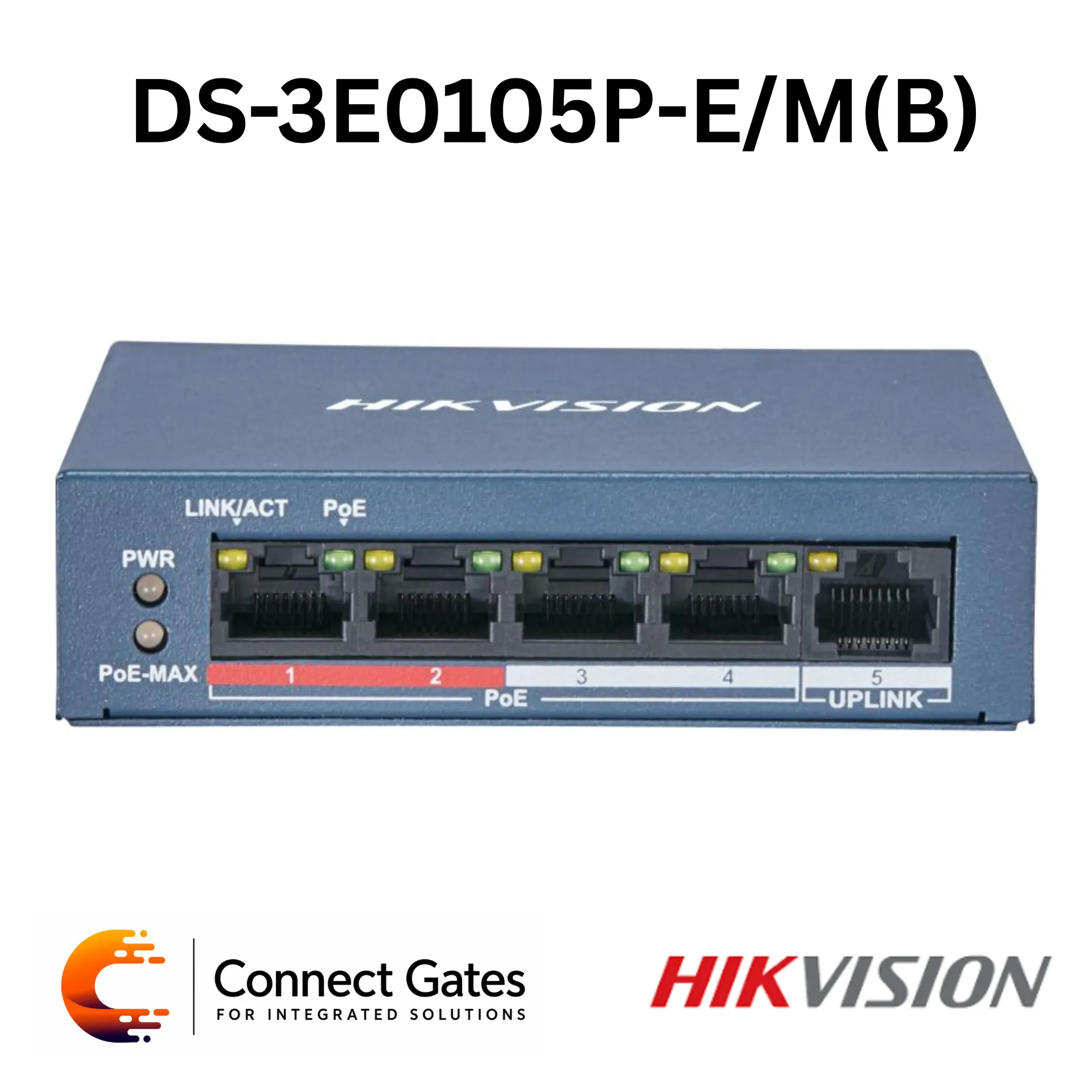 [DS-3E0105P-E/M(B)] Hikvision DS-3E0105P-E/M(B) – 4-Port Fast Ethernet Unmanaged PoE Switch with 4 PoE Ports, 1 RJ45 Uplink Port, 35W PoE Budget, 300m Long Range PoE & 6kV Surge Protection