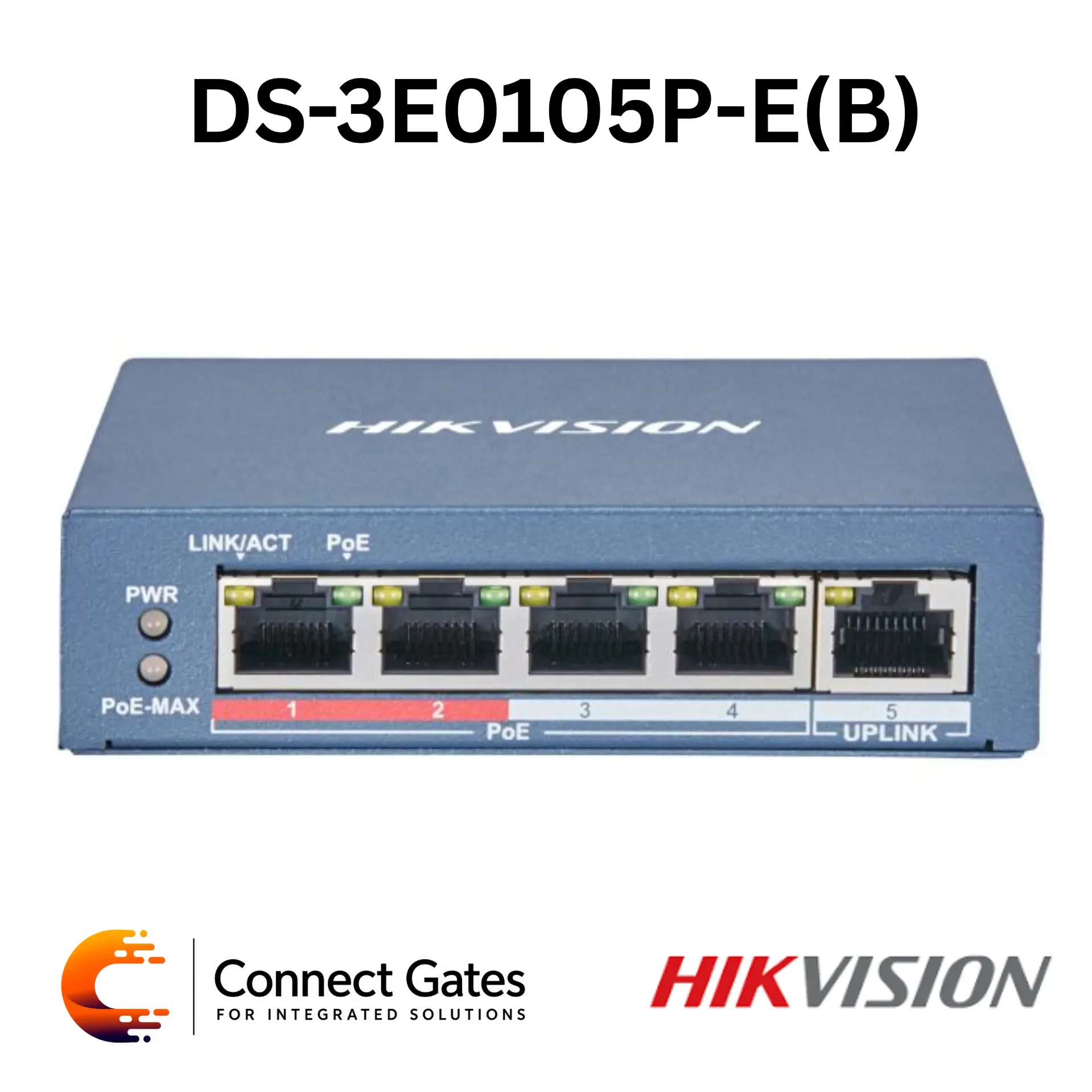 [DS-3E0105P-E(B)] Hikvision DS-3E0105P-E(B) – 4-Port Fast Ethernet Unmanaged PoE Switch with 4 PoE Ports, 1 RJ45 Uplink Port, 60W PoE Budget, 300m Long Range PoE & 6kV Surge Protection