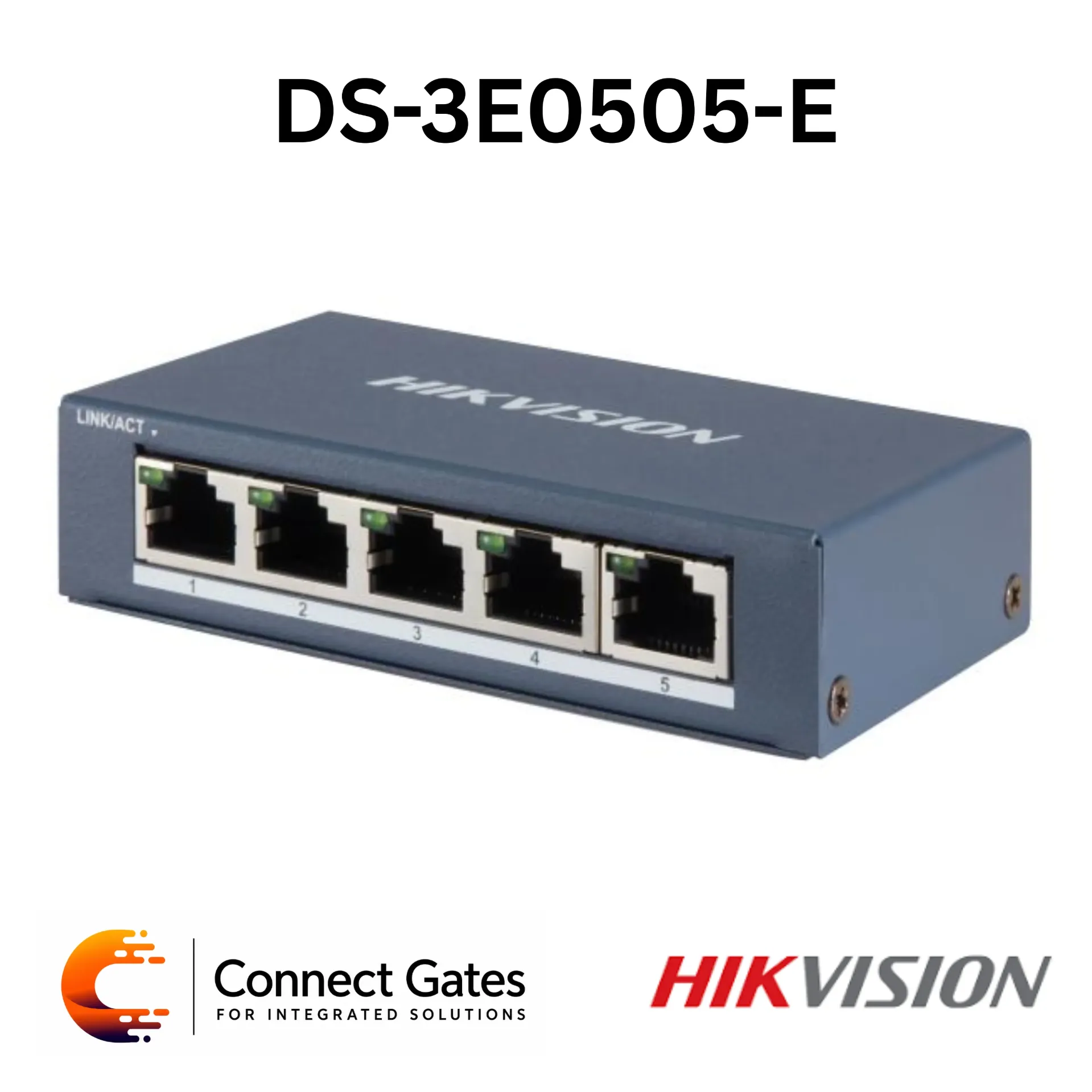 [DS-3E0505-E] Hikvision DS-3E0505-E – 5-Port Gigabit Unmanaged Switch with 5 Gigabit RJ45 Ports, Wire-Speed Forwarding, Non-Blocking Design & Fan-Free Metal Housing