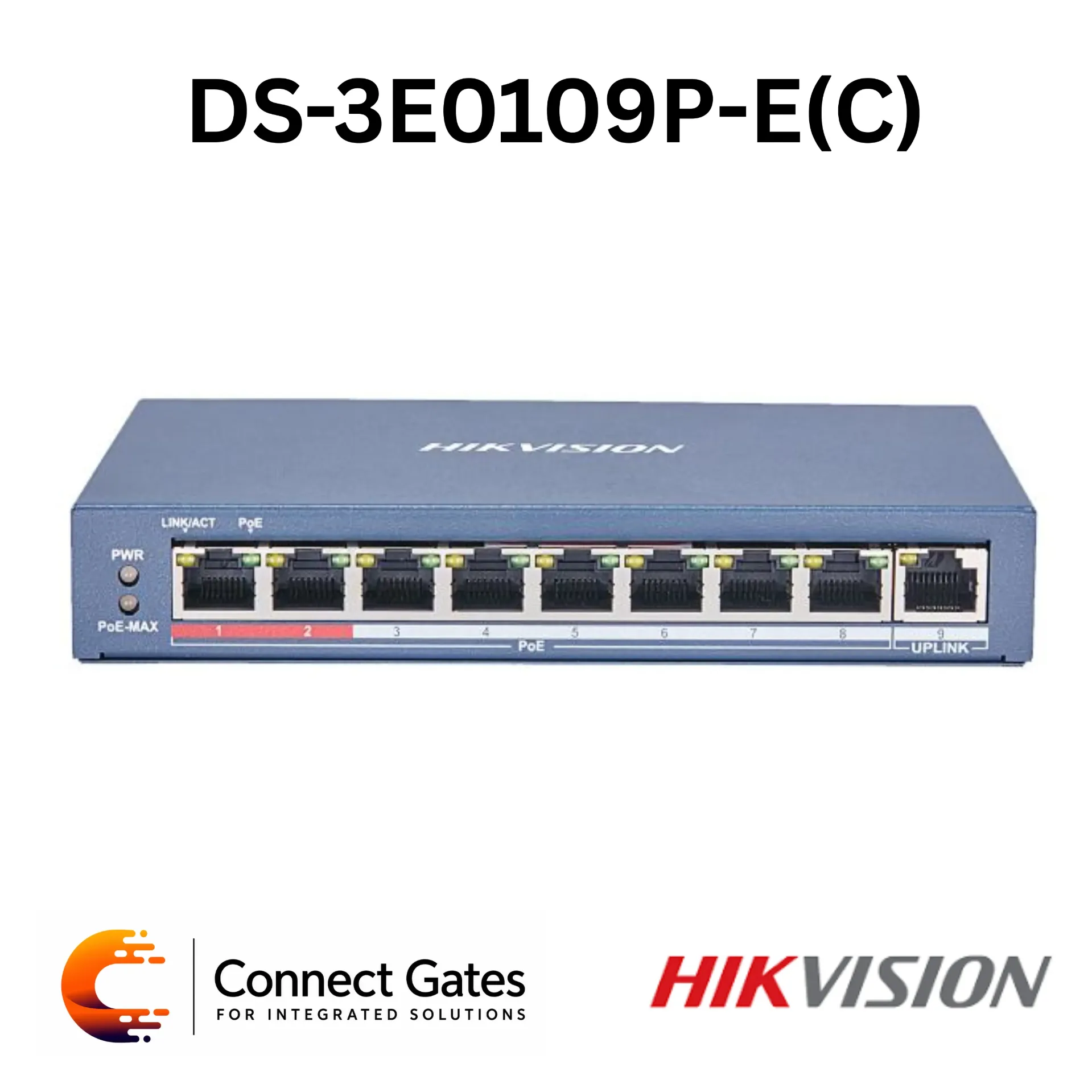[DS-3E0109P-E(C)] Hikvision DS-3E0109P-E(C) – 8-Port Fast Ethernet Unmanaged PoE Switch with 8 PoE Ports, 1 RJ45 Uplink Port, 115W PoE Budget, 300m Long Range PoE & 6kV Surge Protection