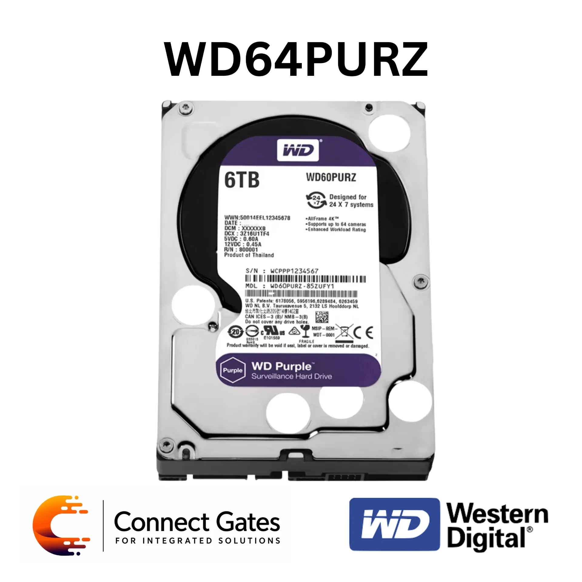 [WD64PURZ 6TB] WD Purple WD64PURZ 6TB – 3.5" Surveillance Hard Drive with SATA 6Gb/s, CMR, 256MB Cache, AllFrame Technology & 180TB/year Workload