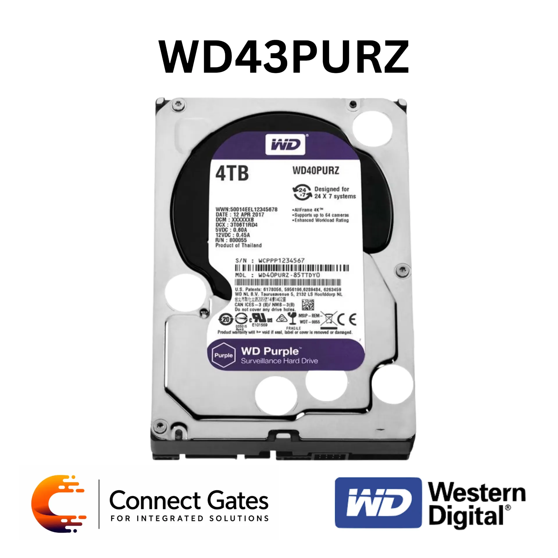[WD43PURZ 4TB] WD Purple WD43PURZ 4TB – 3.5" Surveillance Hard Drive with SATA 6Gb/s, CMR, 256MB Cache, AllFrame Technology & 180TB/year Workload