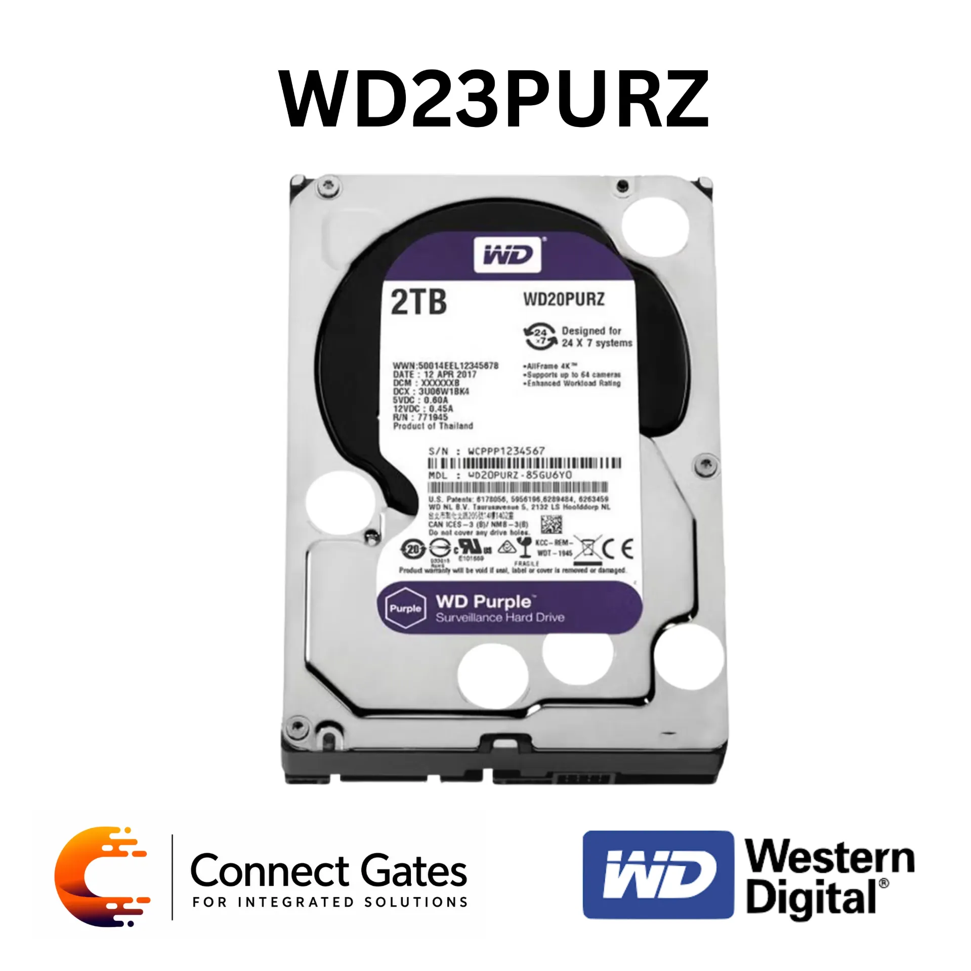 [WD23PURZ 2TB] WD Purple WD23PURZ 2TB – 3.5" Surveillance Hard Drive with SATA 6Gb/s, CMR, 64MB Cache, AllFrame Technology & 180TB/year Workload