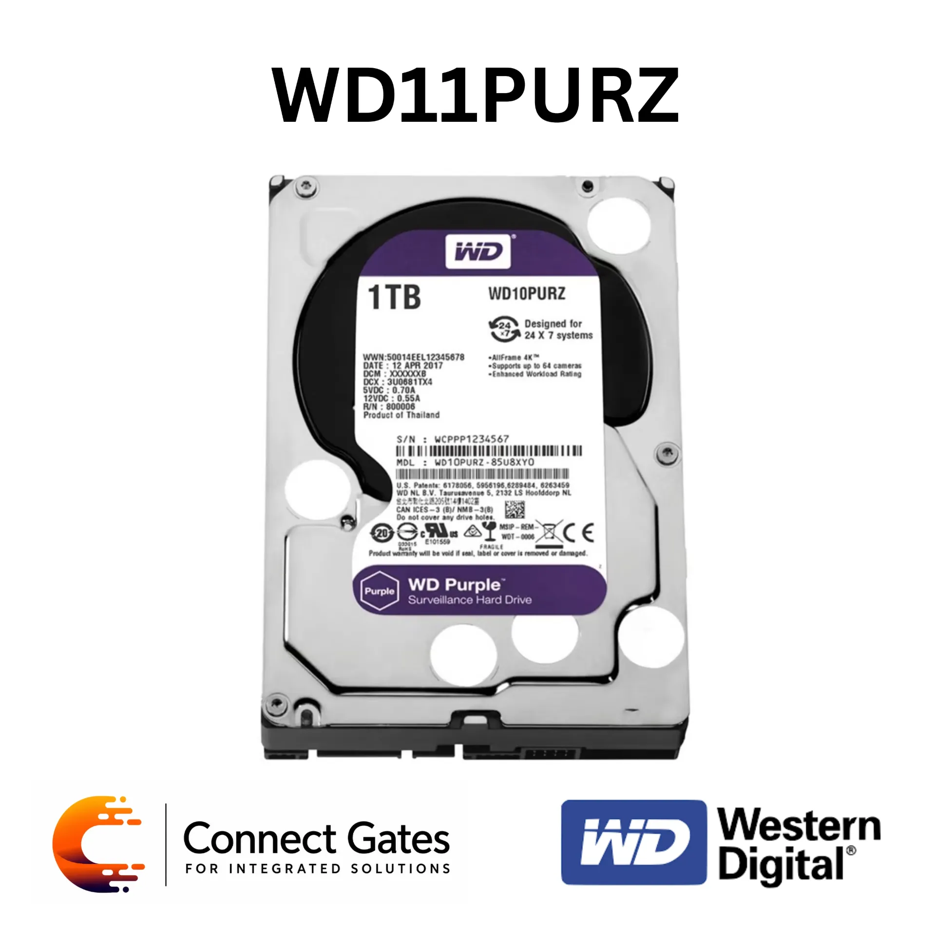 [WD11PURZ 1TB] WD Purple WD11PURZ 1TB – 3.5" Surveillance Hard Drive with SATA 6Gb/s, CMR, 64MB Cache, AllFrame Technology & 180TB/year Workload