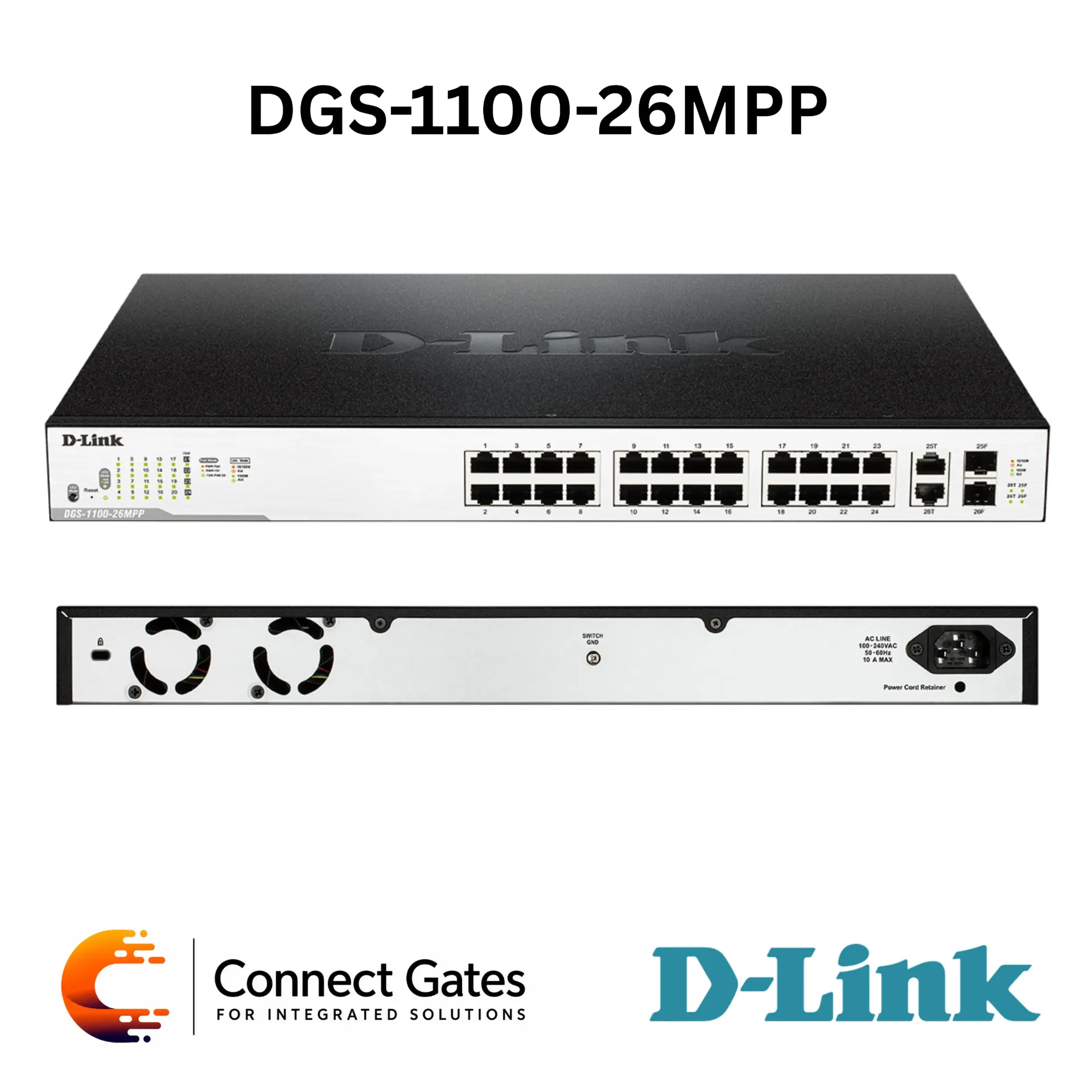 D-Link DGS-1100-26MPP – 24-Port Gigabit PoE Smart Managed Surveillance Switch with 2 Combo SFP Ports, 518W PoE Budget, IEEE 802.3bt / UPoE & 6kV Surge Protection
