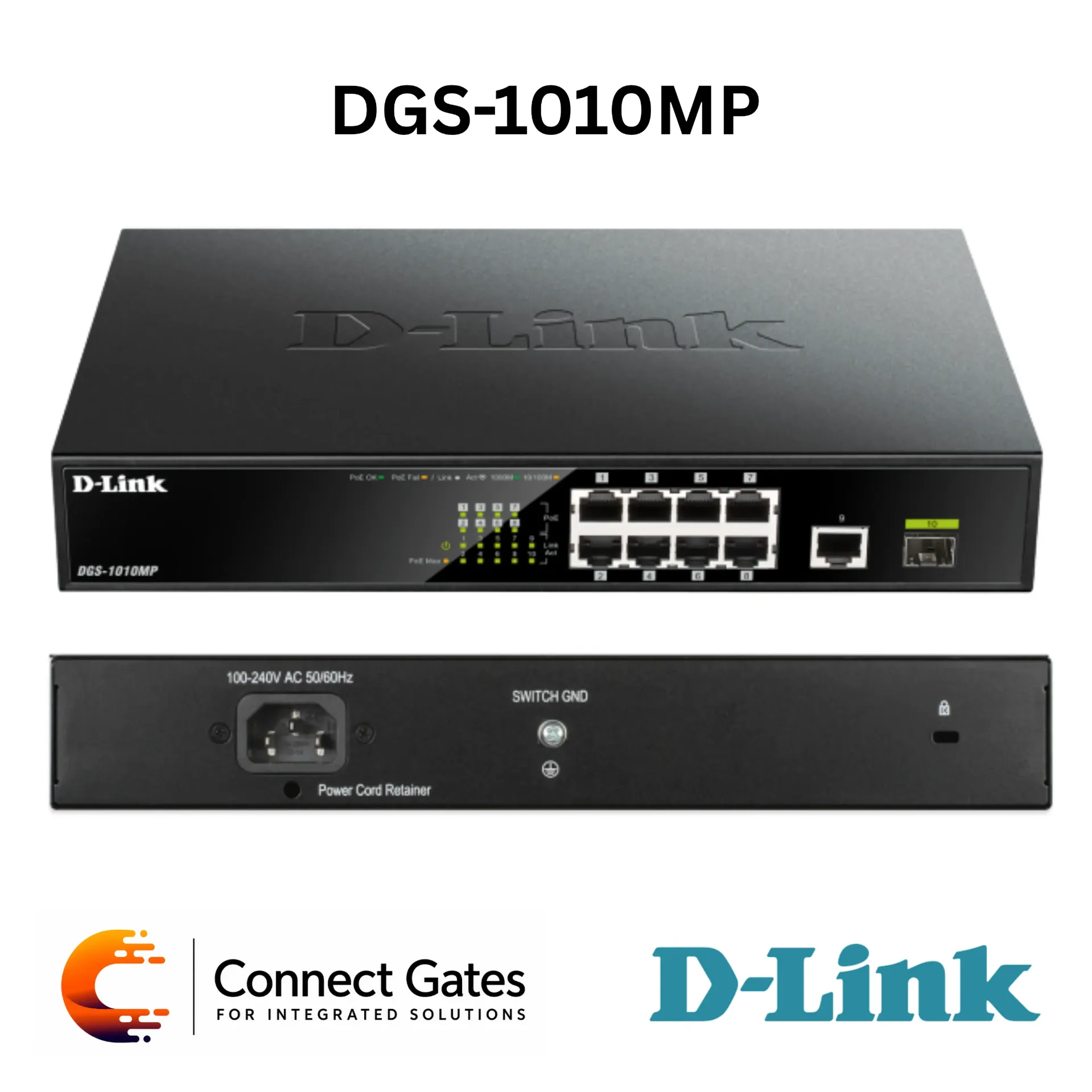 D-Link DGS-1010MP – 10-Port Gigabit PoE Switch with 8 PoE Ports, 1 Gigabit Uplink, 1 SFP Uplink, 125W PoE Budget & Fanless Rackmount Design