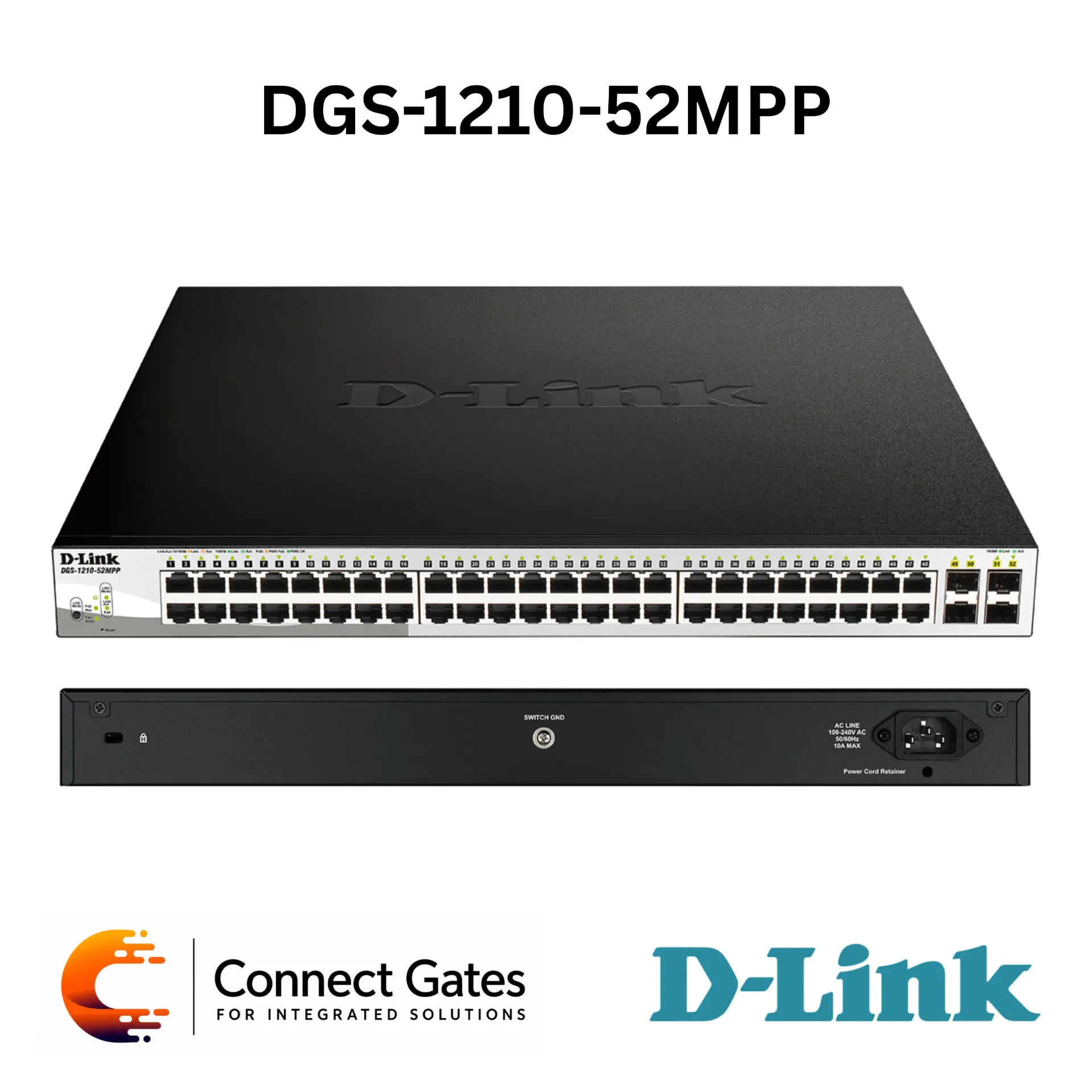 D-Link DGS-1210-52MP – 48-Port Gigabit PoE Smart Managed Switch with 4 × Combo Ports, 370W PoE Budget, VLAN, Surveillance Mode & Static Routing