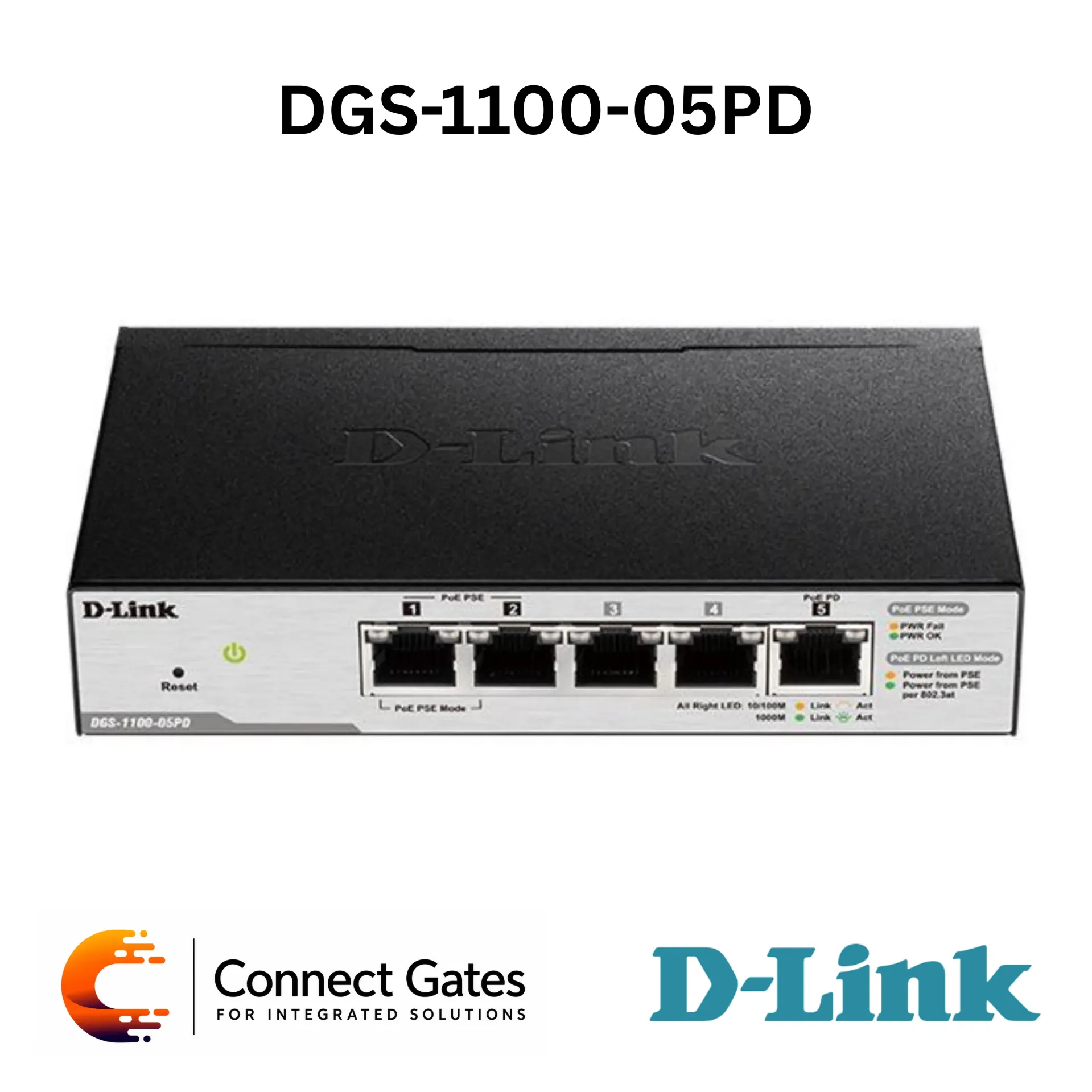 D-Link DGS-1100-05PD – 5-Port Gigabit Smart Managed PoE Passthrough Switch with 2 PoE Output Ports, 1 PD Input Port, VLAN, Surveillance VLAN & Fanless Design