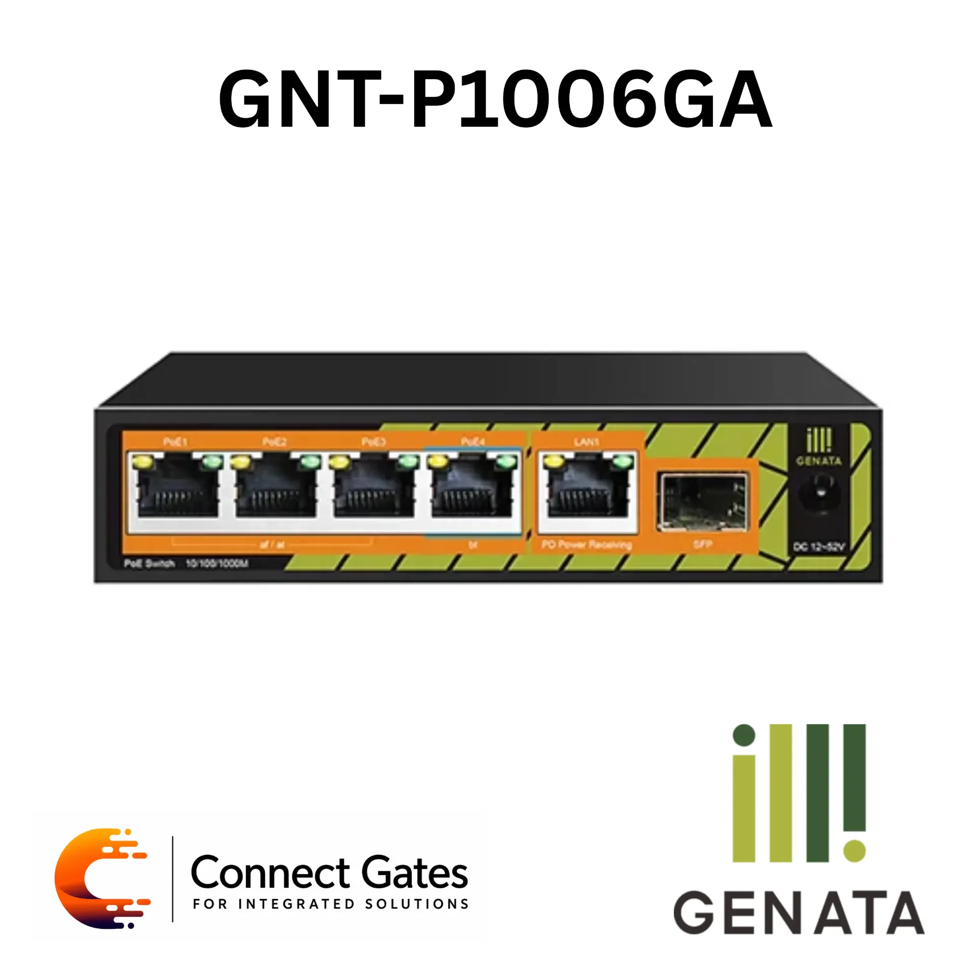[GNT-P1006GA] GENATA GNT-P1006GA – 4-Port Gigabit AI PoE Switch with 1 Gigabit Uplink Port, 1 Gigabit SFP Port, 65W PoE Budget, AI Watchdog, 60W bt PoE & 6KV Lightning Protection