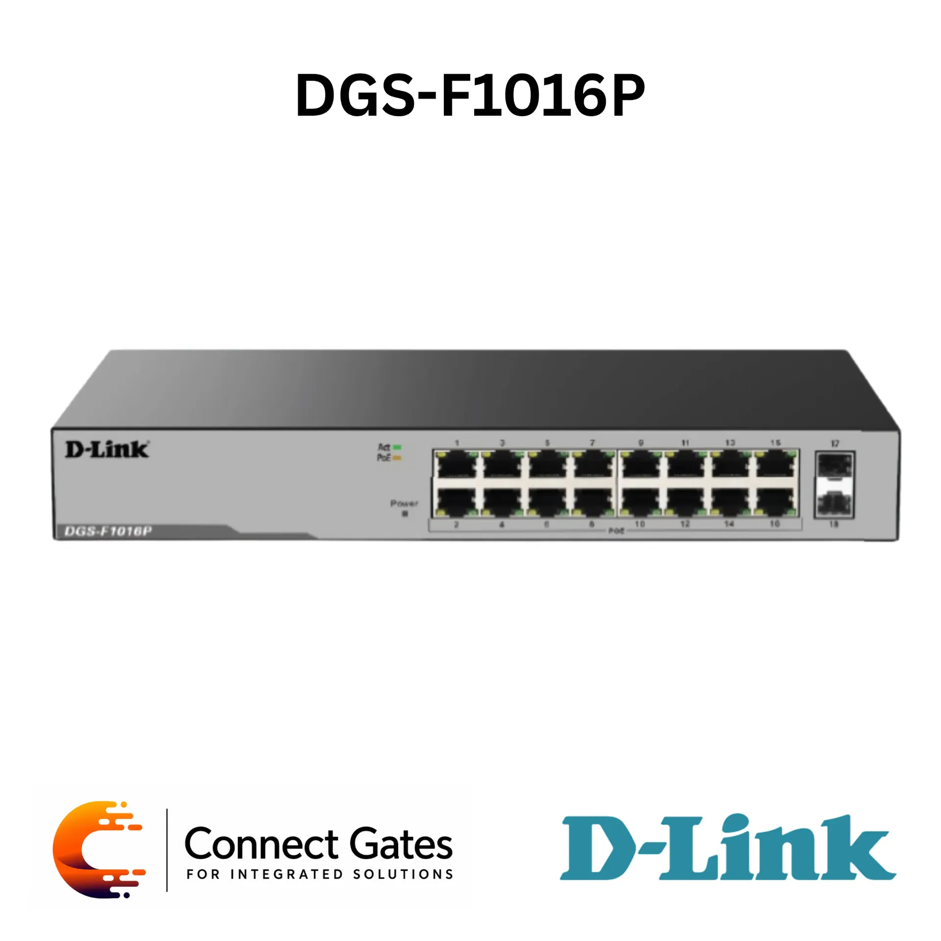 D-Link DGS-F1016P – 16-Port Gigabit Unmanaged PoE Switch with 2 × Gigabit SFP Ports, 250W PoE Budget & Rackmount Design