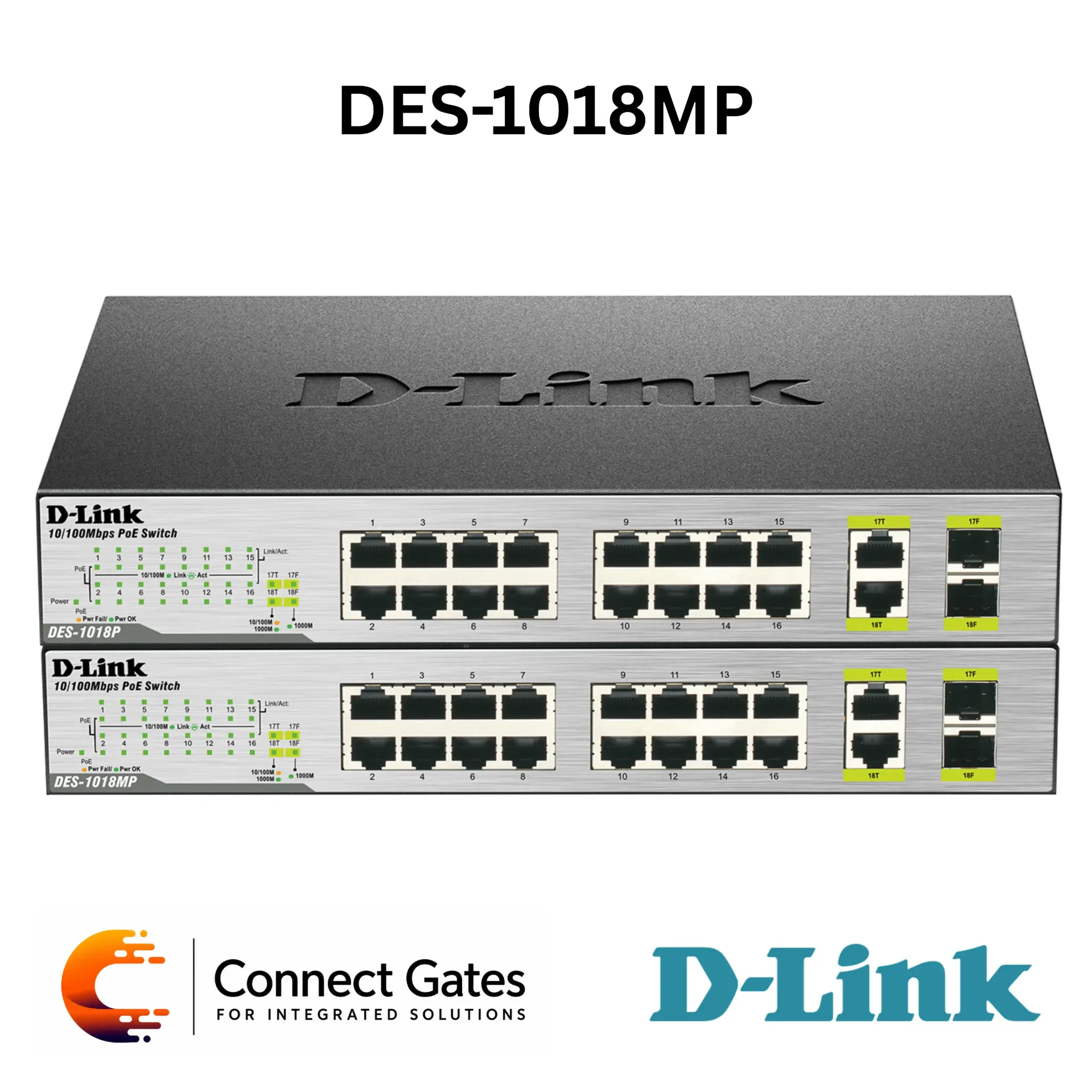 D-Link DES-1018MP – 18-Port Unmanaged Desktop PoE Switch with 16 × 10/100 Mbps PoE Ports, 2 × Gigabit Combo Uplink Ports, 246.4W PoE Budget & 2kV Surge Protection