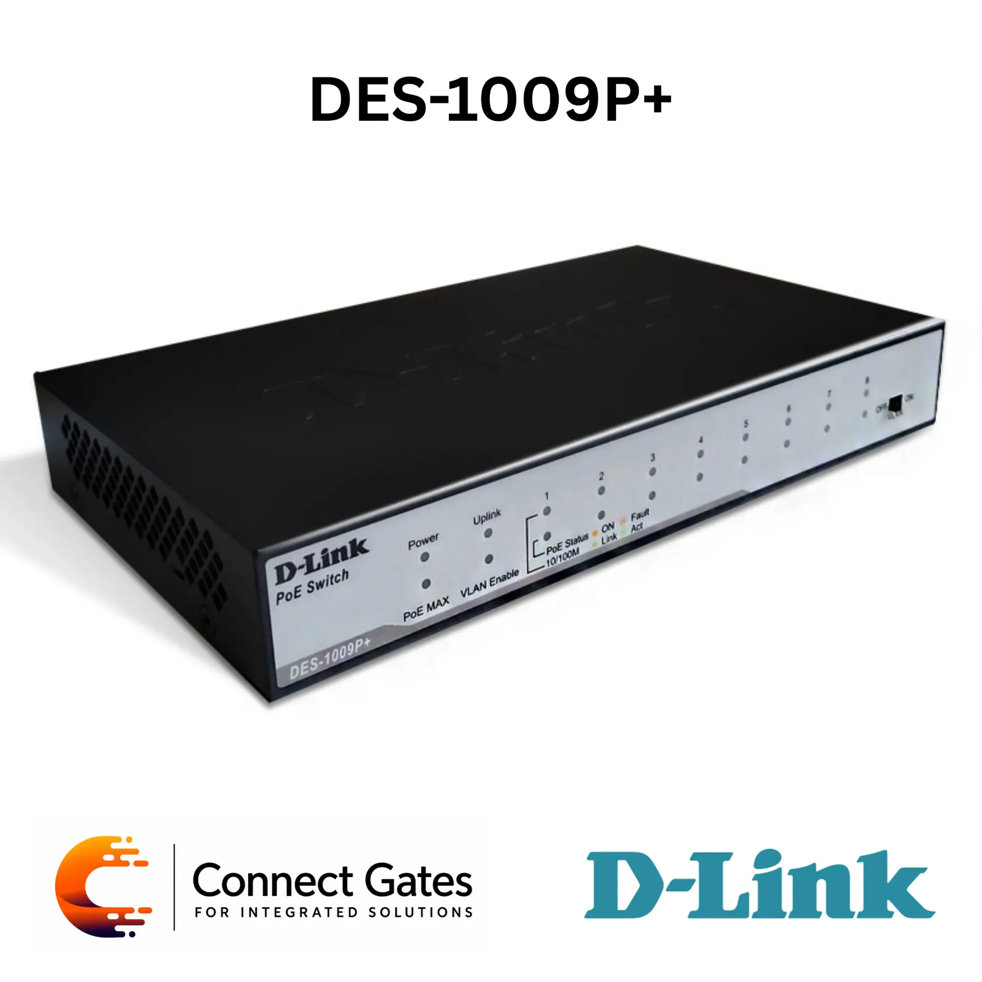 D-Link DES-1009P+ – 8-Port Fast Ethernet PoE Desktop Switch with 1 × Gigabit Uplink Port, 96W PoE Budget, VLAN Switch & Fanless Silent Design