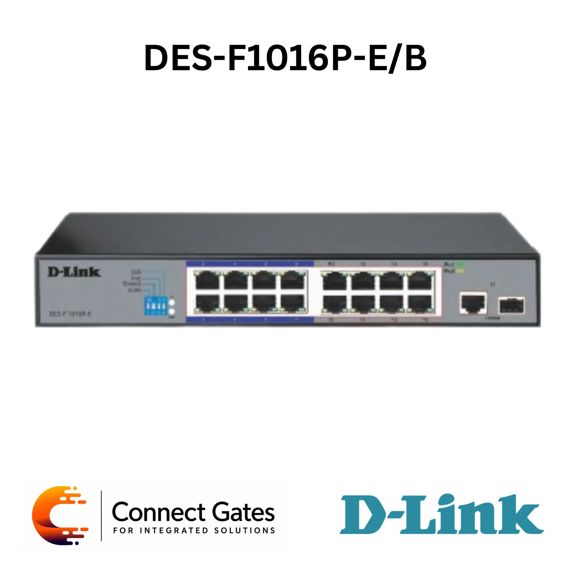 D-Link DES-F1016P-E/B – 16-Port 10/100 Long Range PoE+ Surveillance Switch with 16 PoE Ports, 2 Gigabit Uplink Ports, 150W PoE Budget, 250m Extend Mode & 6kV Lightning Protection