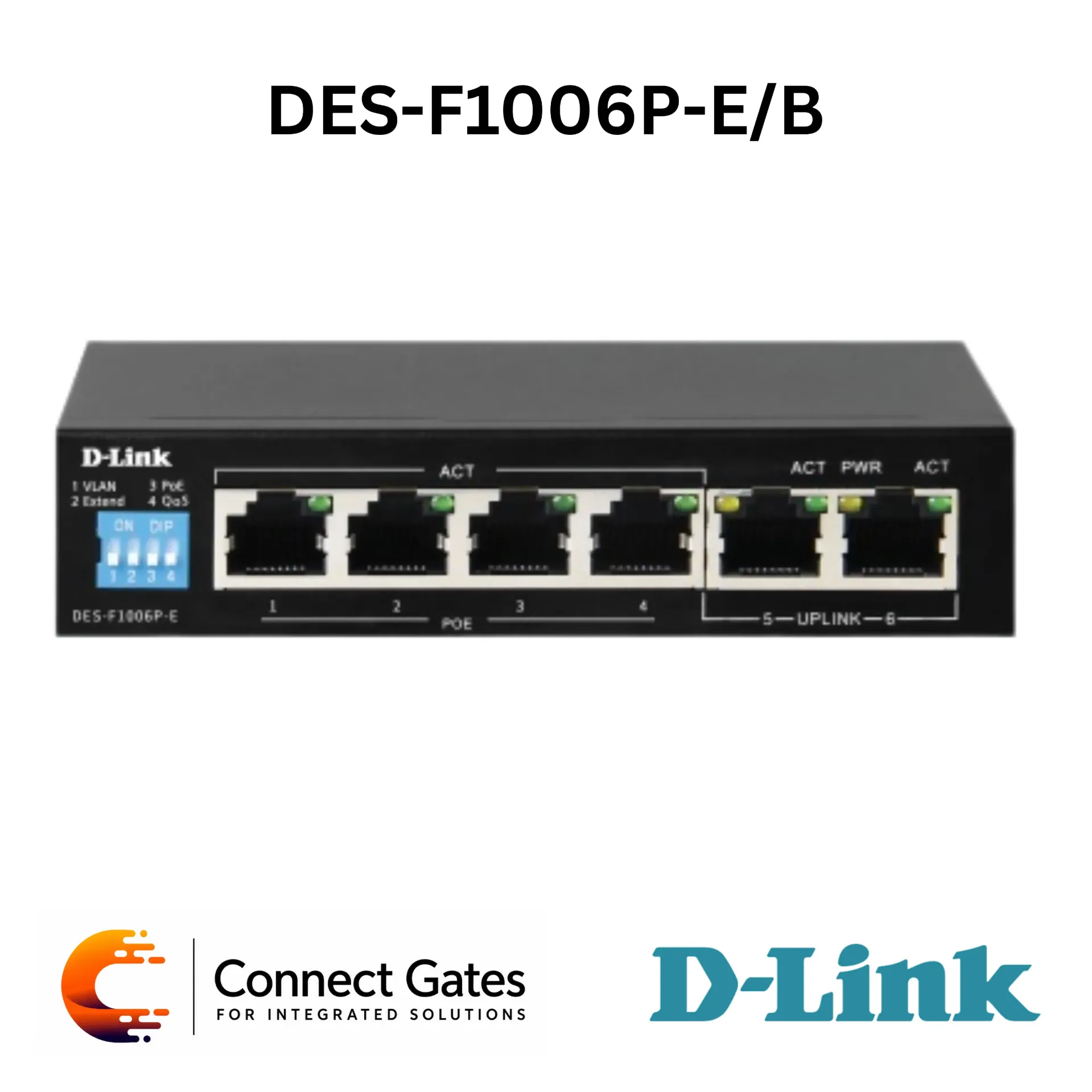D-Link DES-F1006P-E/B – 6-Port 10/100 Long Range PoE+ Surveillance Switch with 4 PoE Ports, 2 Uplink Ports, 60W PoE Budget, 250m Extend Mode & 6kV Lightning Protection