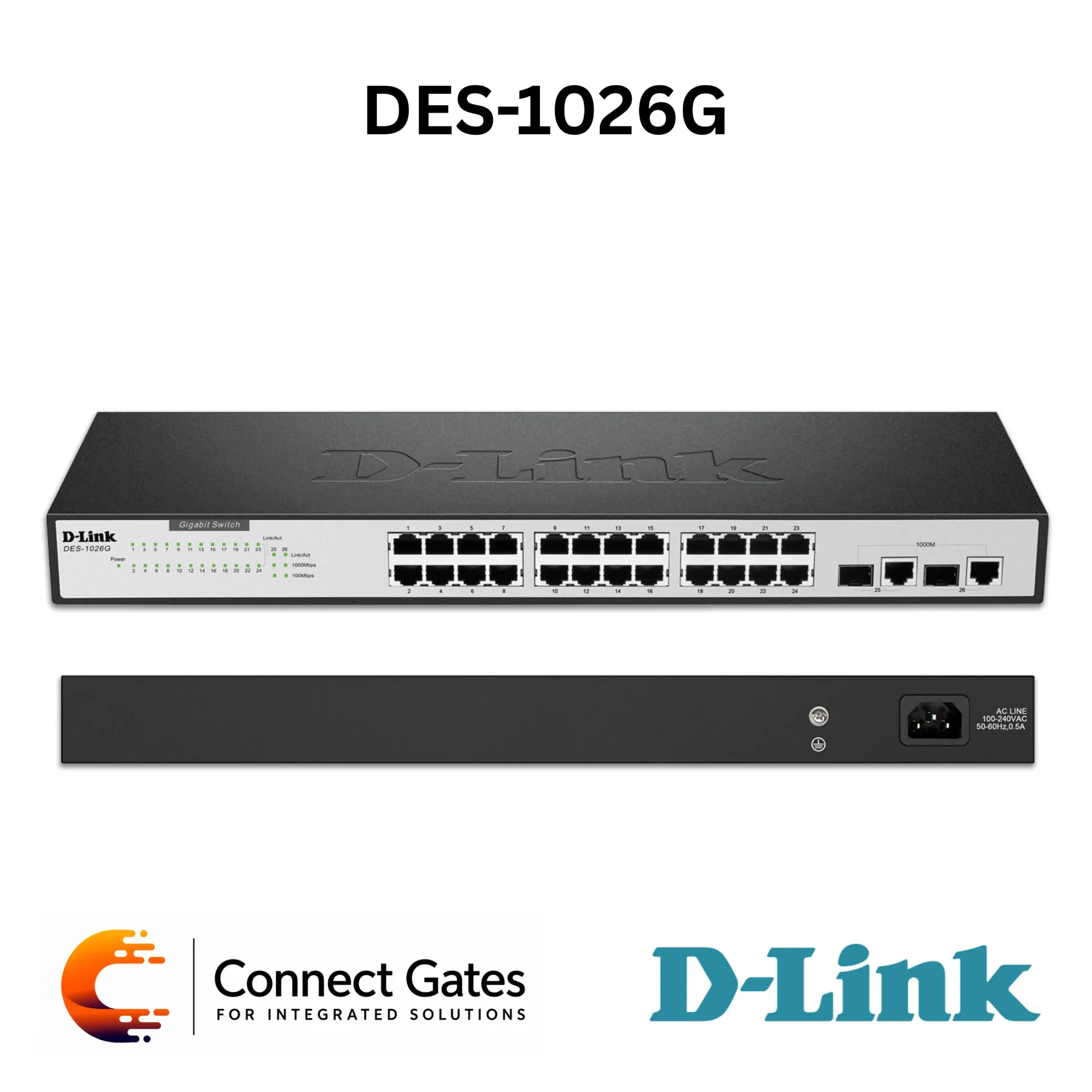 D-Link DES-1026G – 24-Port Fast Ethernet Unmanaged Switch with 2 × Gigabit Uplink Ports, 8.8Gbps Switching Capacity & 19-Inch Rackmount Design