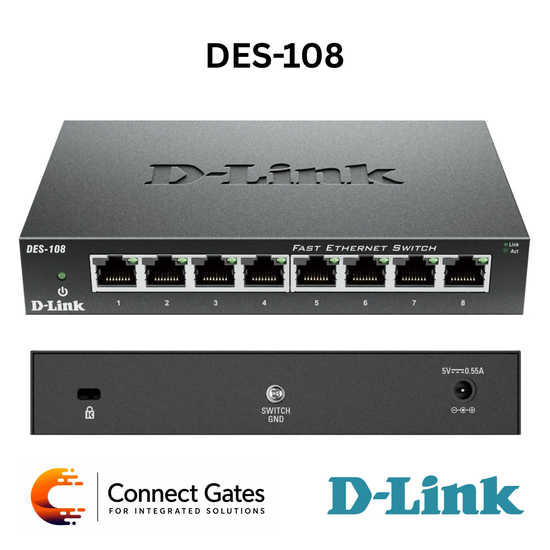 D-Link DES-108 – 8-Port 10/100 Mbps Unmanaged Switch with Metal Case, QoS, Flow Control, 1.6Gbps Switching Fabric & D-Link Green Technology