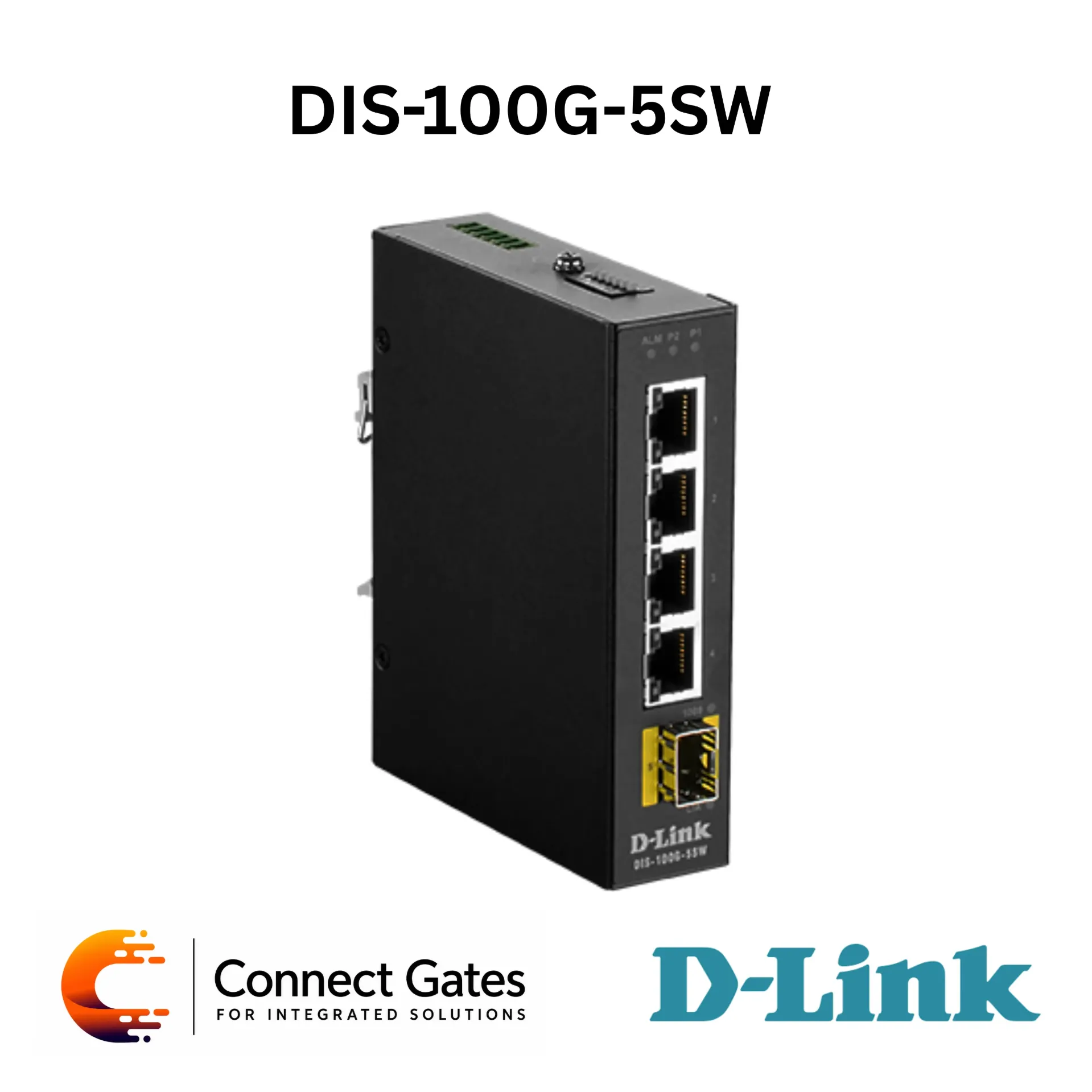 [DIS-100G-5SW] D-Link DIS-100G-5SW – 5-Port Gigabit Industrial Unmanaged Switch with 4 Gigabit RJ45 Ports, 1 SFP Port, Dual Power Input & Wide Temperature Operation