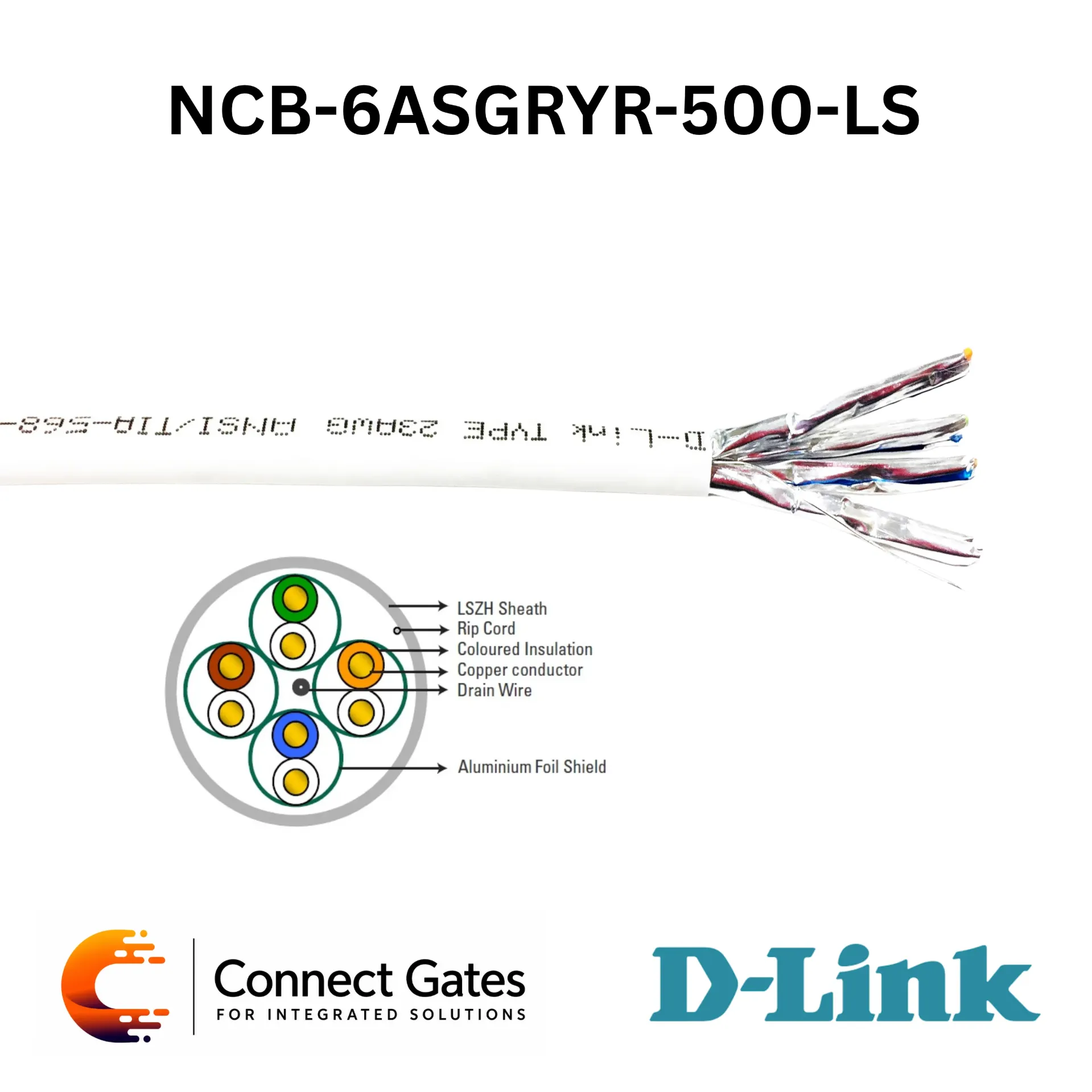 [NCB-6ASGRYR-500-LS] D-Link NCB-6ASGRYR-500-LS – Cat6A U/FTP 23AWG LSZH Solid Bare Copper Cable Roll, 500m Grey