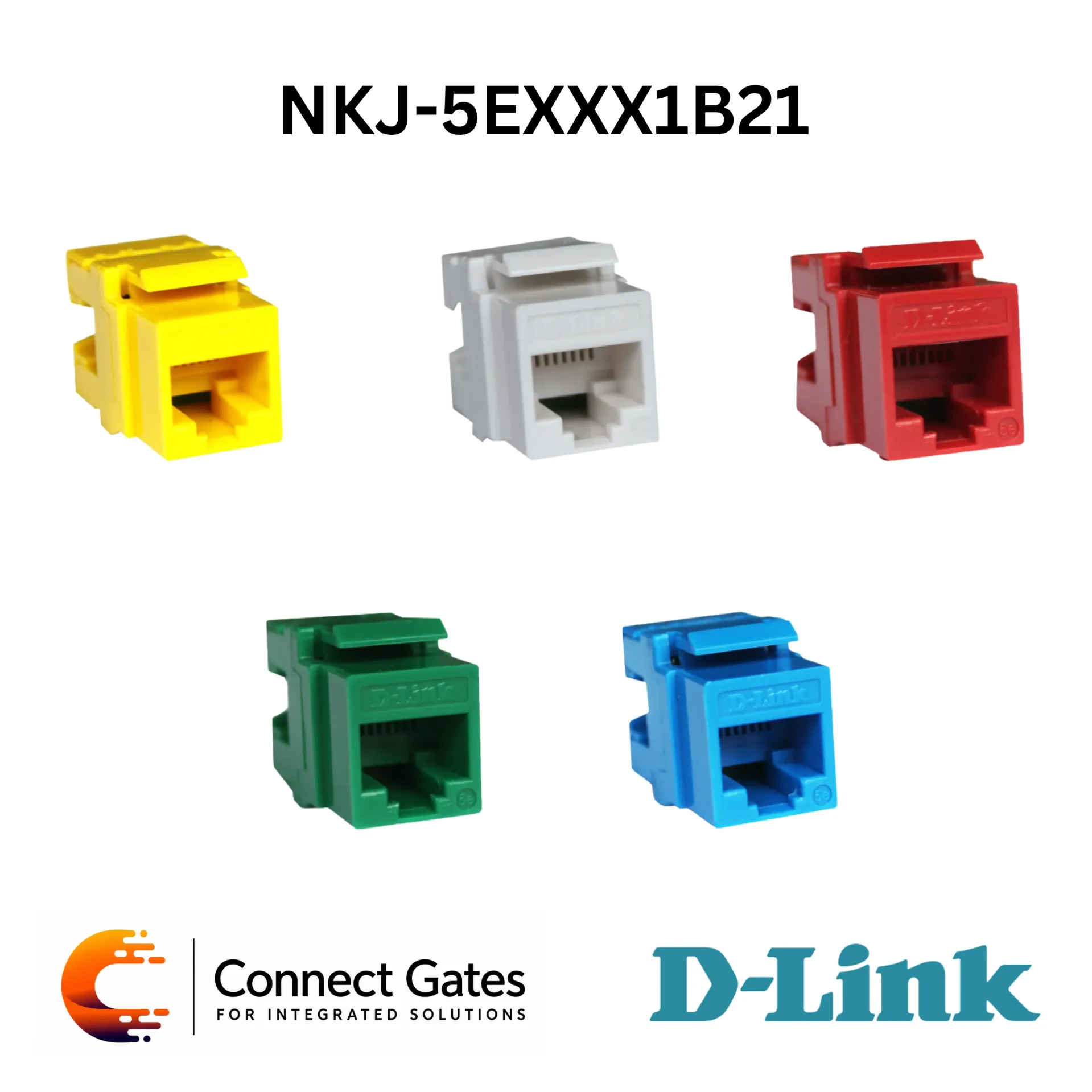 D-Link NKJ-5EXXX1B21 – Cat5E UTP 180° RJ45 8P8C Punch Down Keystone Jack, Available in 5 Colors