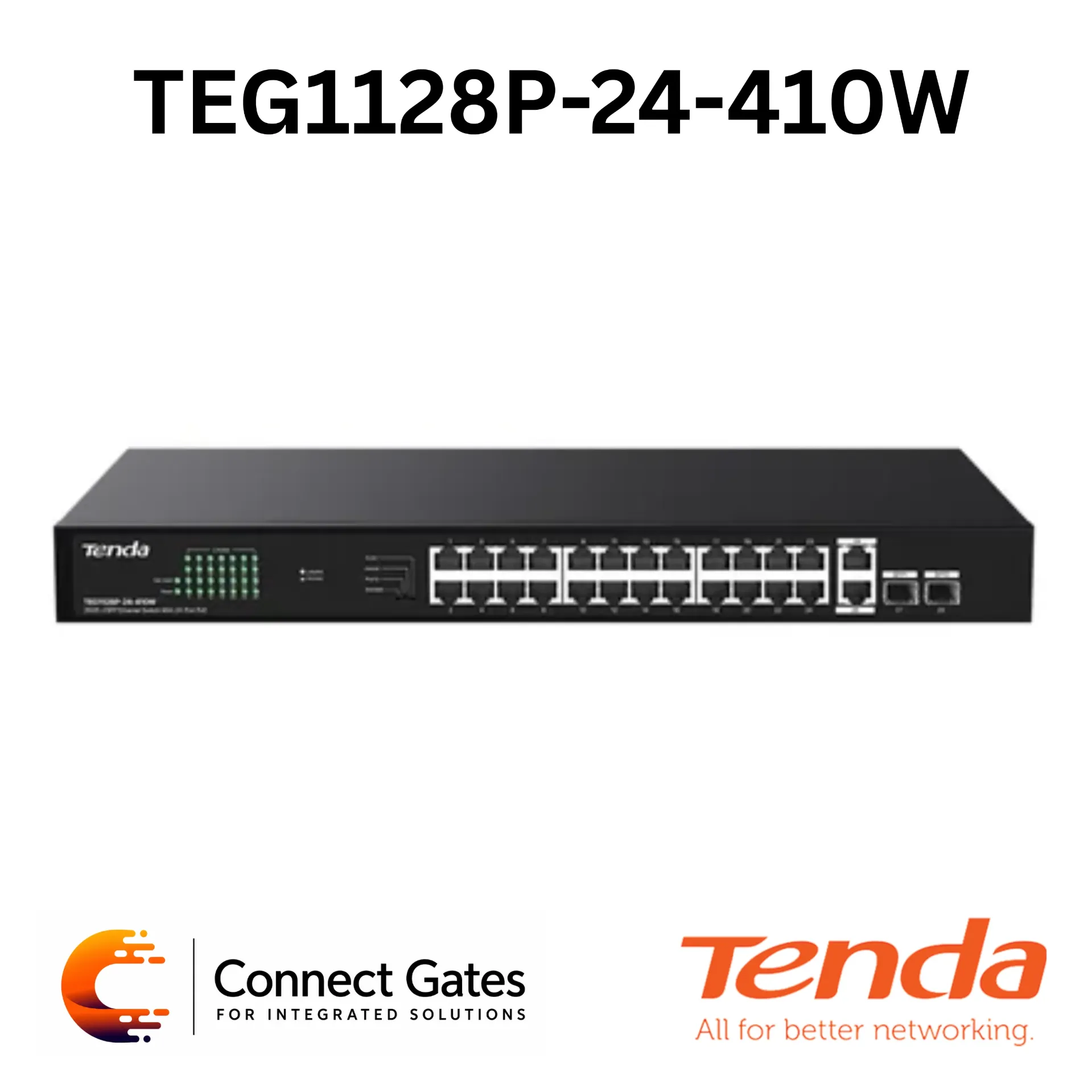 [TEG1128P-24-410W] Tenda TEG1128P-24-410W – 24-Port Gigabit Unmanaged PoE Switch with 2 Gigabit Uplink Ports, 2 SFP Ports & 370W PoE Budget