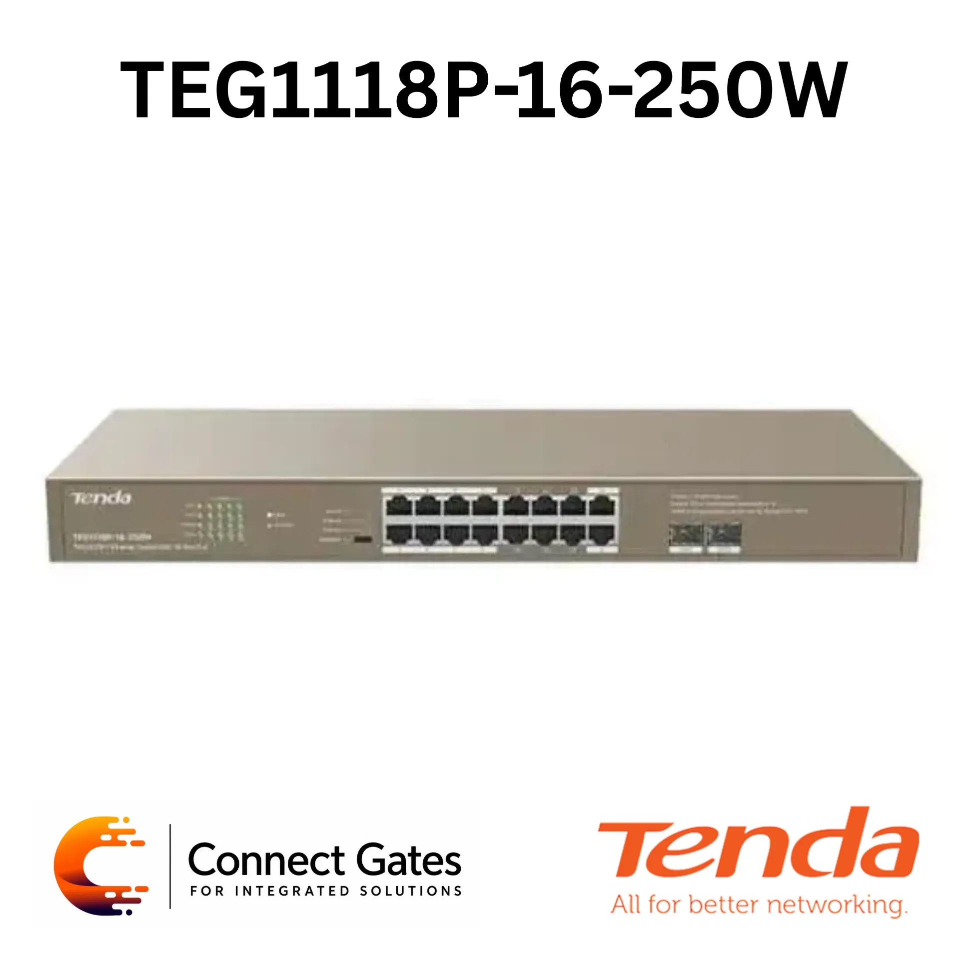 [TEG1118P-16-250W] Tenda TEG1118P-16-250W – 16-Port Gigabit Unmanaged PoE Switch with 2 SFP Ports, 230W PoE Budget & 4 Working Modes