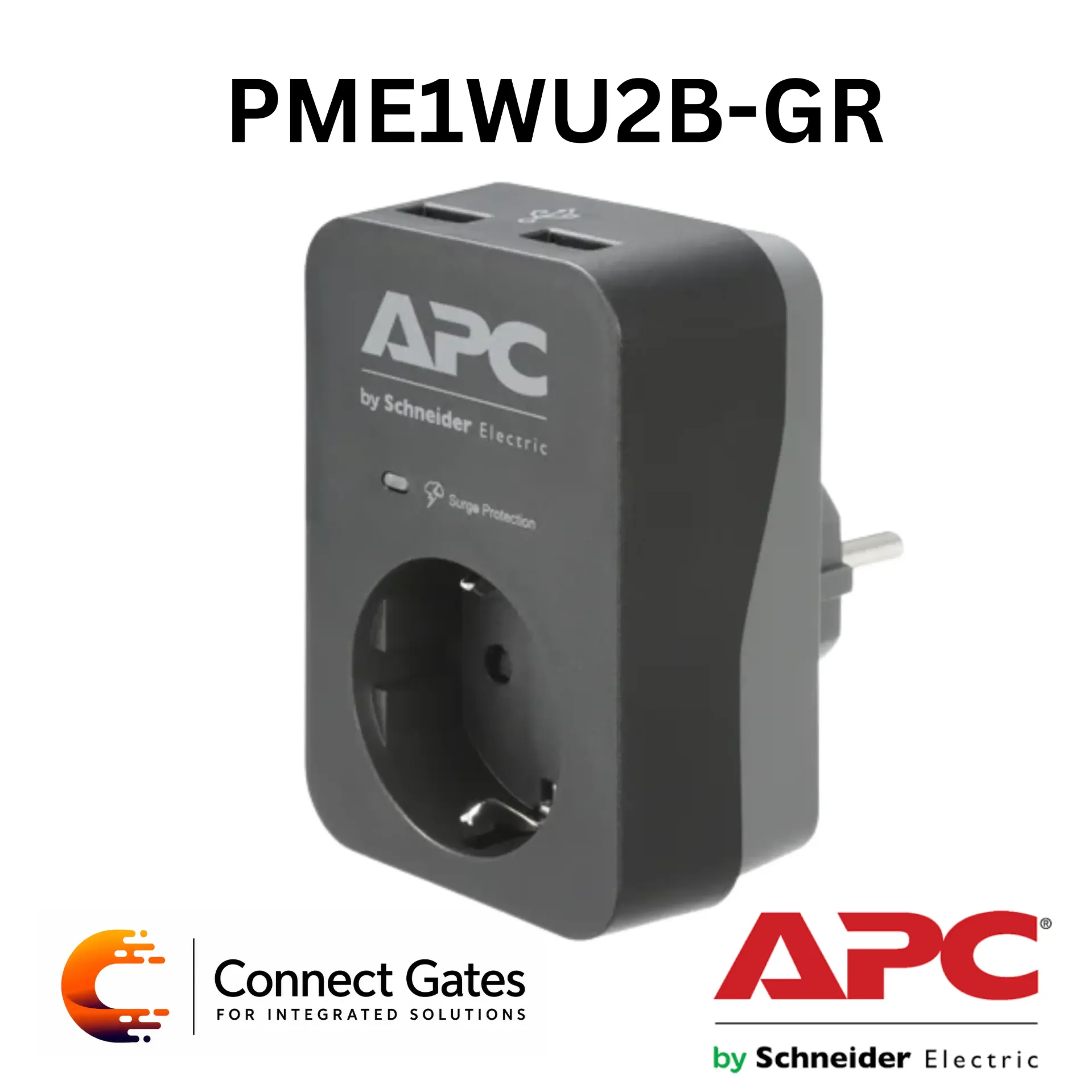 [PME1WU2B-GR] APC PME1WU2B-GR – Essential SurgeArrest 1-Outlet 230V Surge Protector with 2 USB Ports